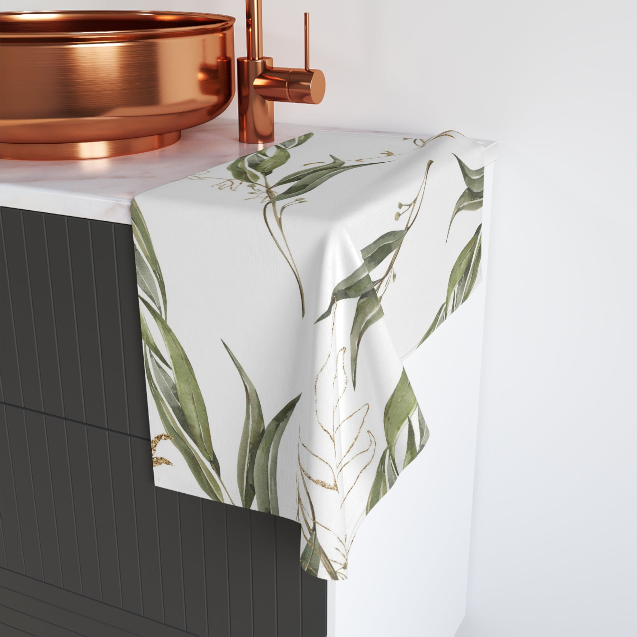 Kitchen, Bath Hand Towel | Boho Floral, Sage Green, White Gold Beige Leaves