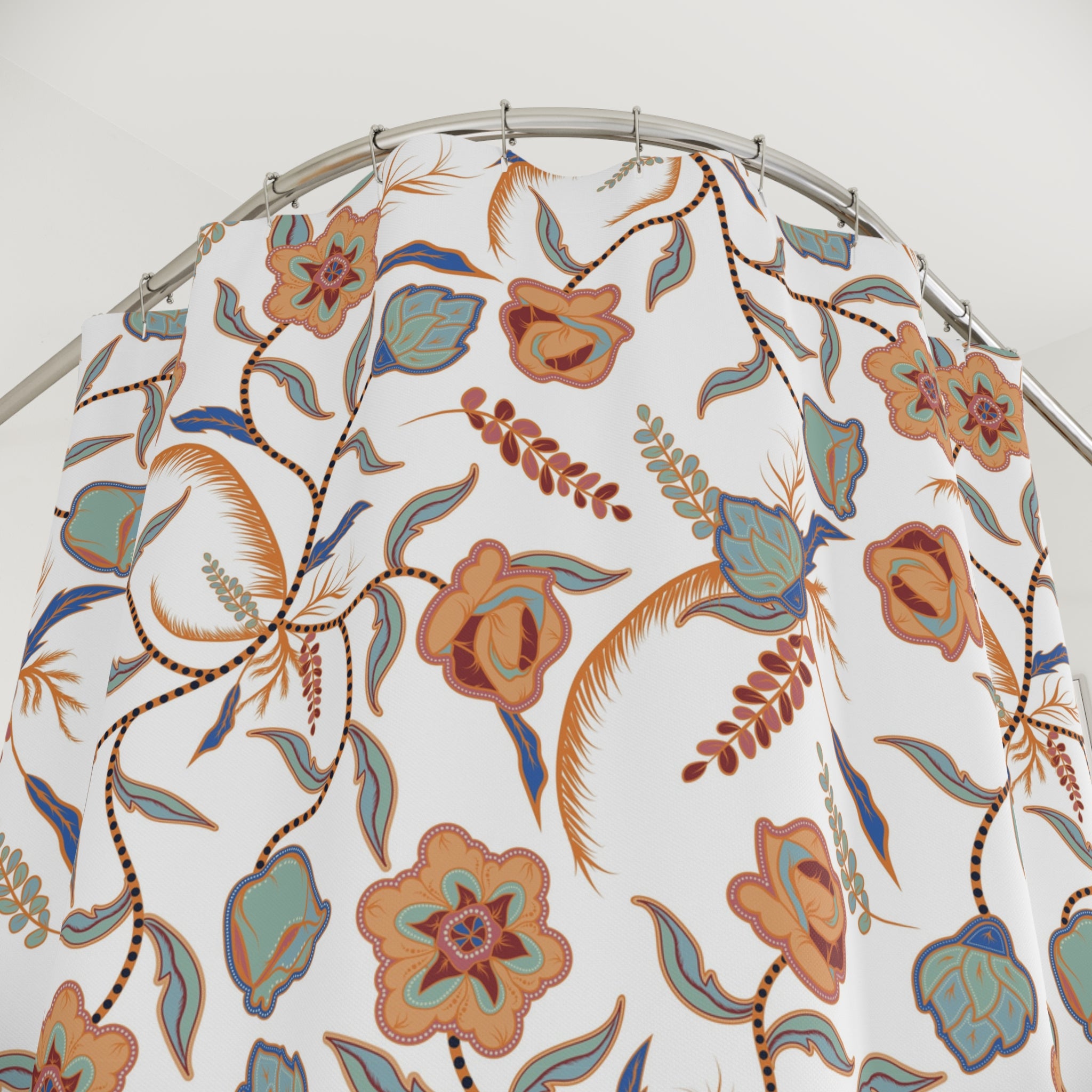 Boho Shower Curtain | White Blue Muted Orange Floral