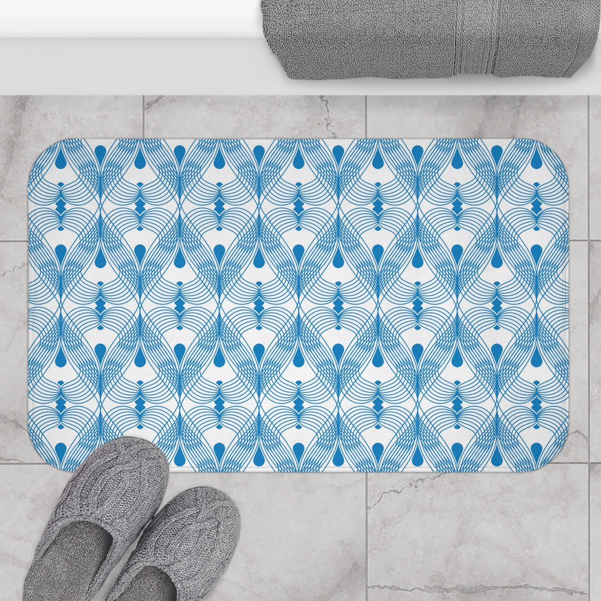 Sky Blue Deco Fan Bath Mat, Coastal Bathroom Rug