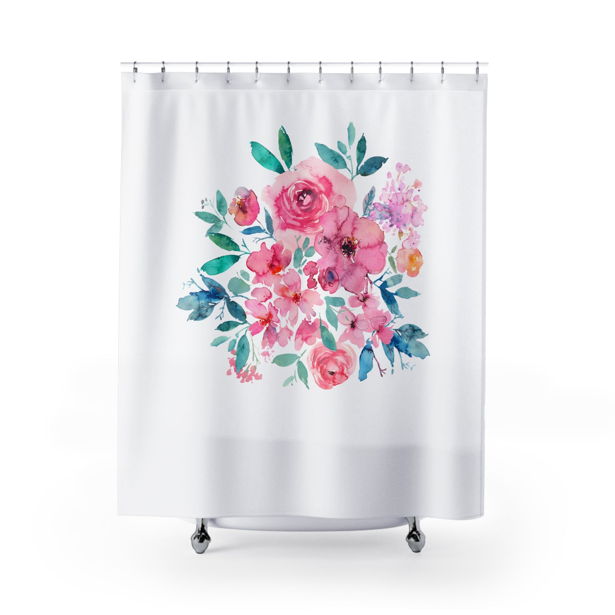 Modern Floral Shower Curtain | Pink, Teal Blue Bouquet