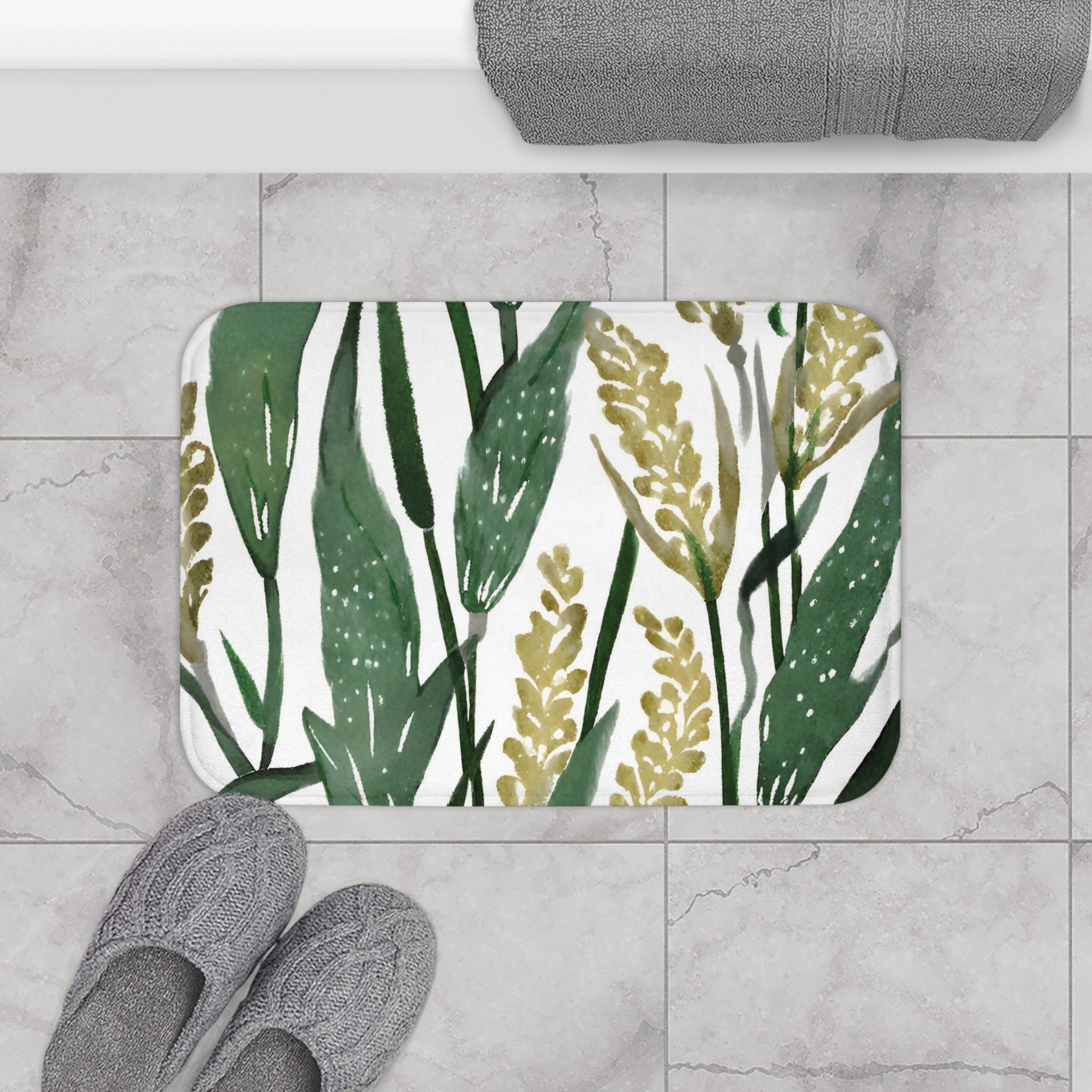 Boho Floral Bath, Kitchen Floor Mat | Sage Green, White Leaves