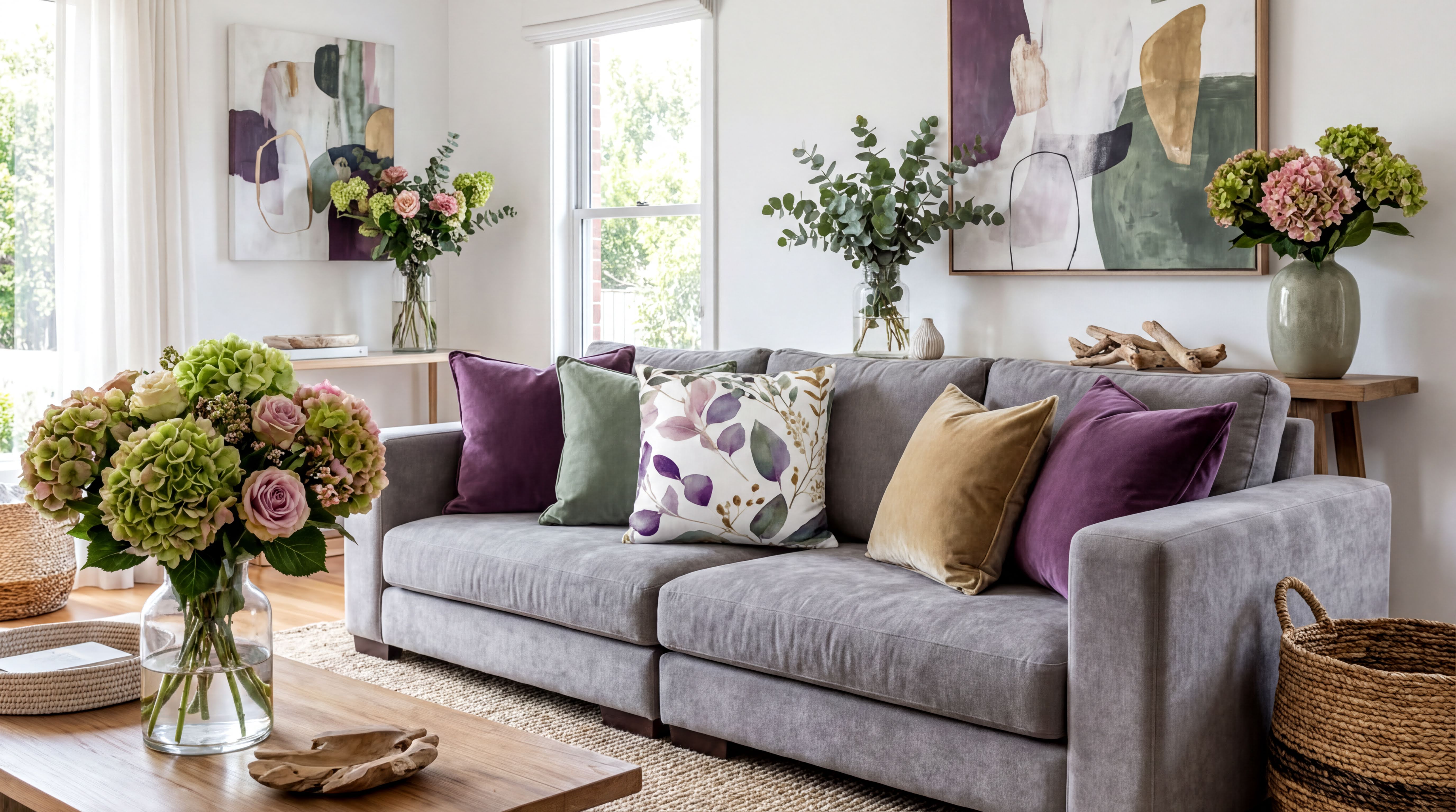 a cozy and well-decorated living room with a gray sofa adorned with colorful throw pillows, a wooden coffee table, and various decorative elements such as vases, potted plants, and artwork on the walls.