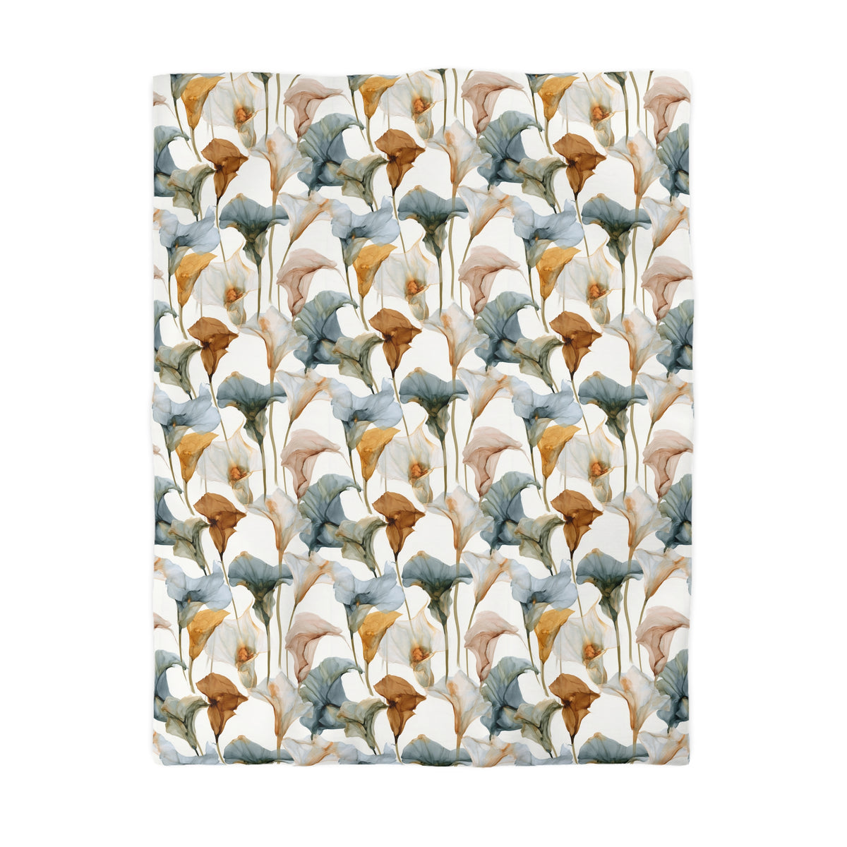 a repeating pattern of colorful flowers in shades of blue, green, and orange.