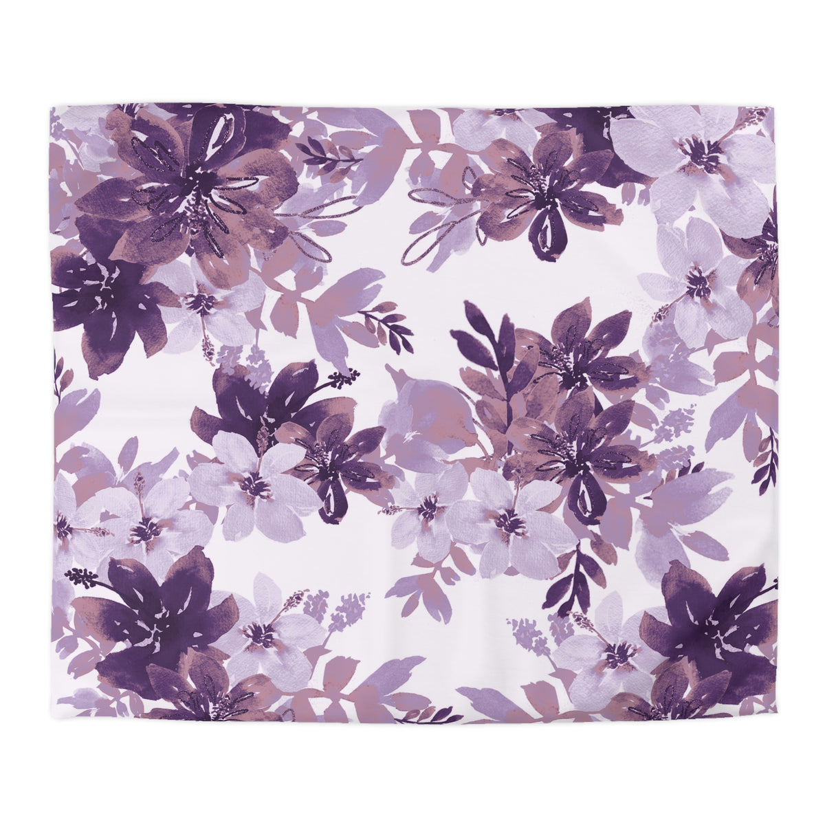 a square-shaped floral print with a repeating pattern of purple and white flowers and leaves.