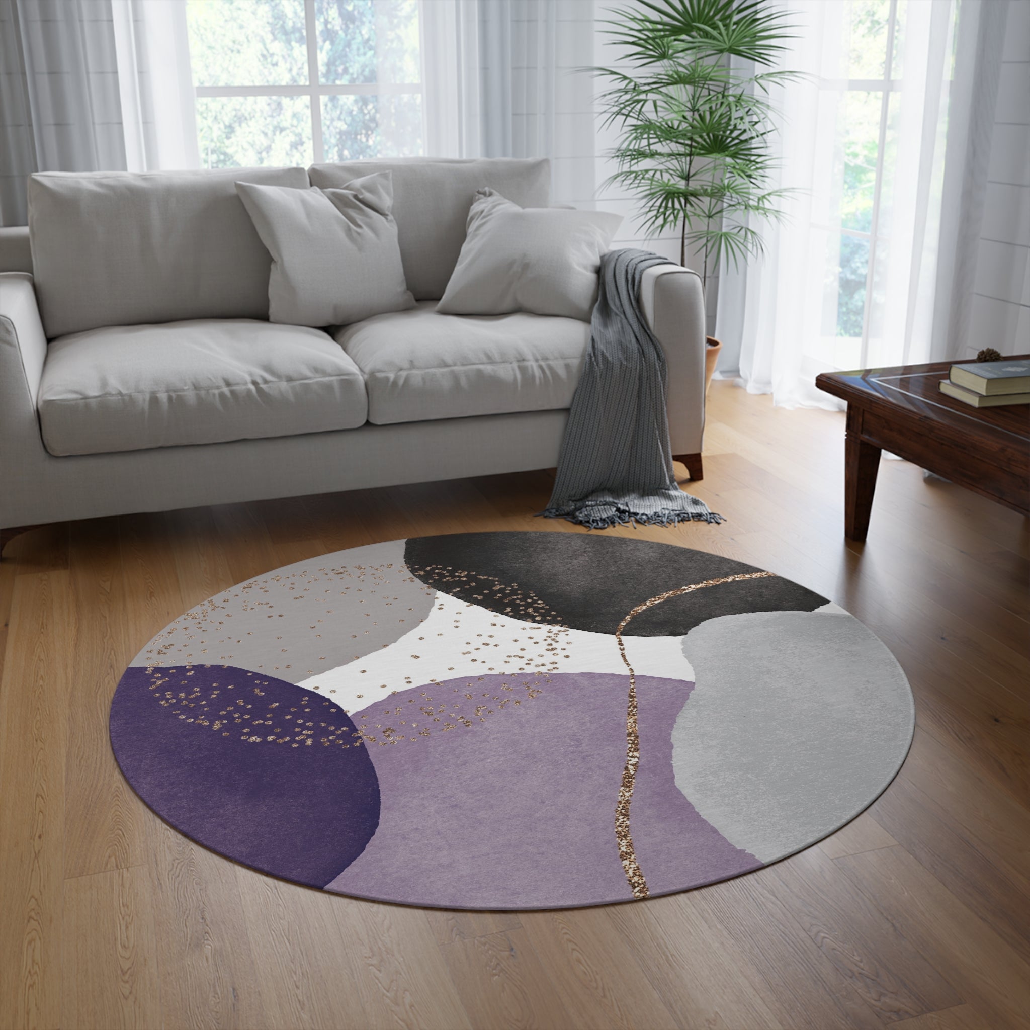 Round Boho Area Rug | Modern Black Lavender Purple, Grey Bathroom