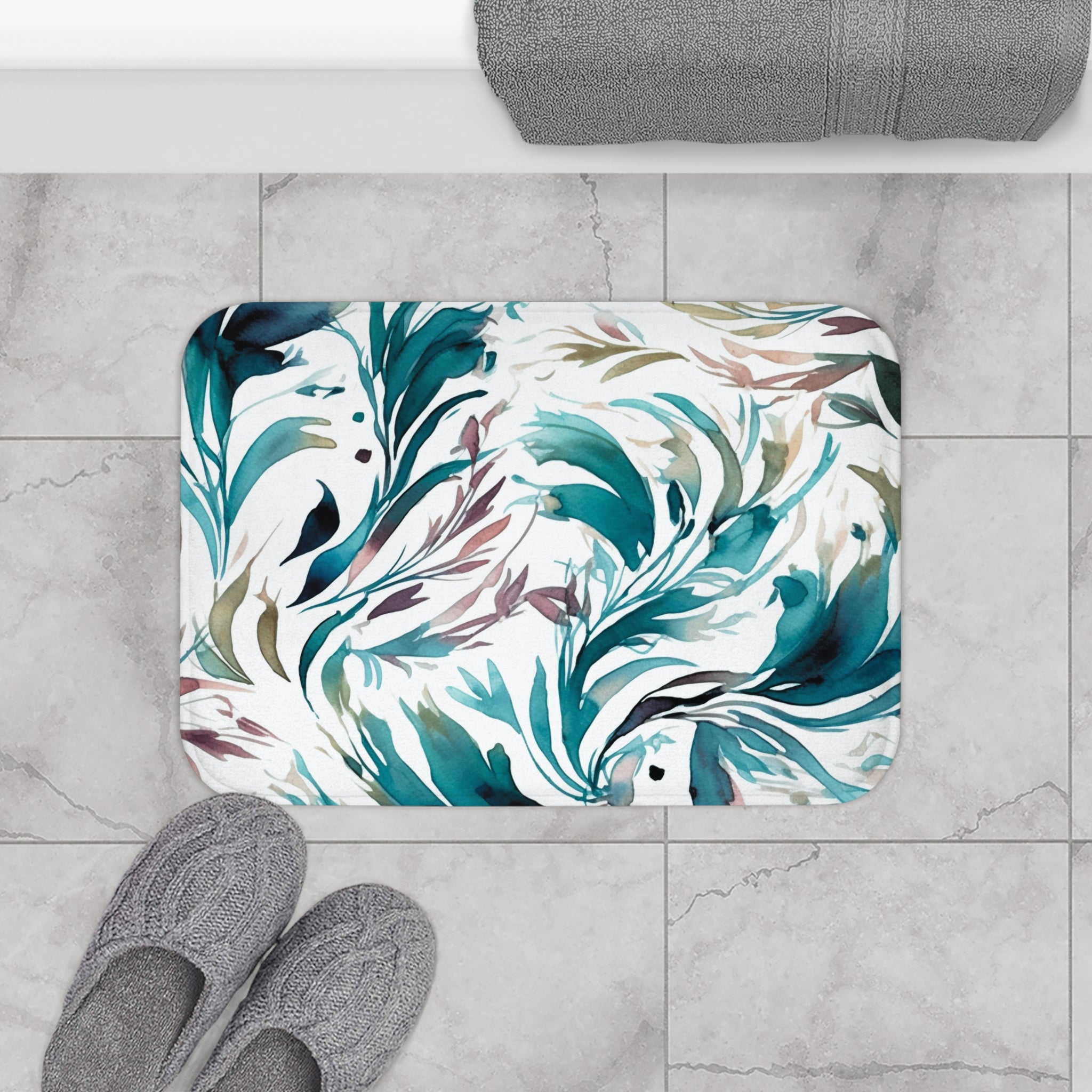 Abstract Bath, Kitchen Mat | Teal Green, White Colorful