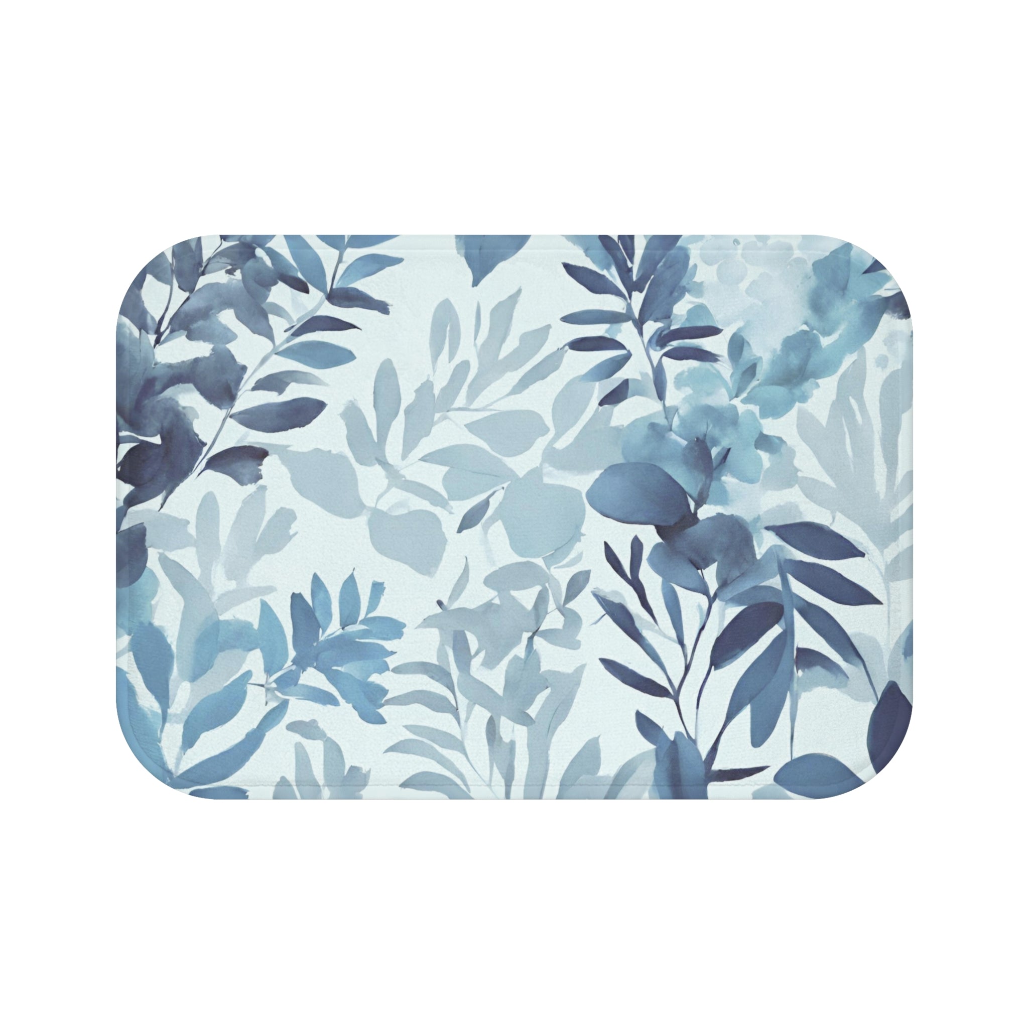 Boho Kitchen, Bath Mat | Floral Pale Navy Blue, Eucalyptus Leaves