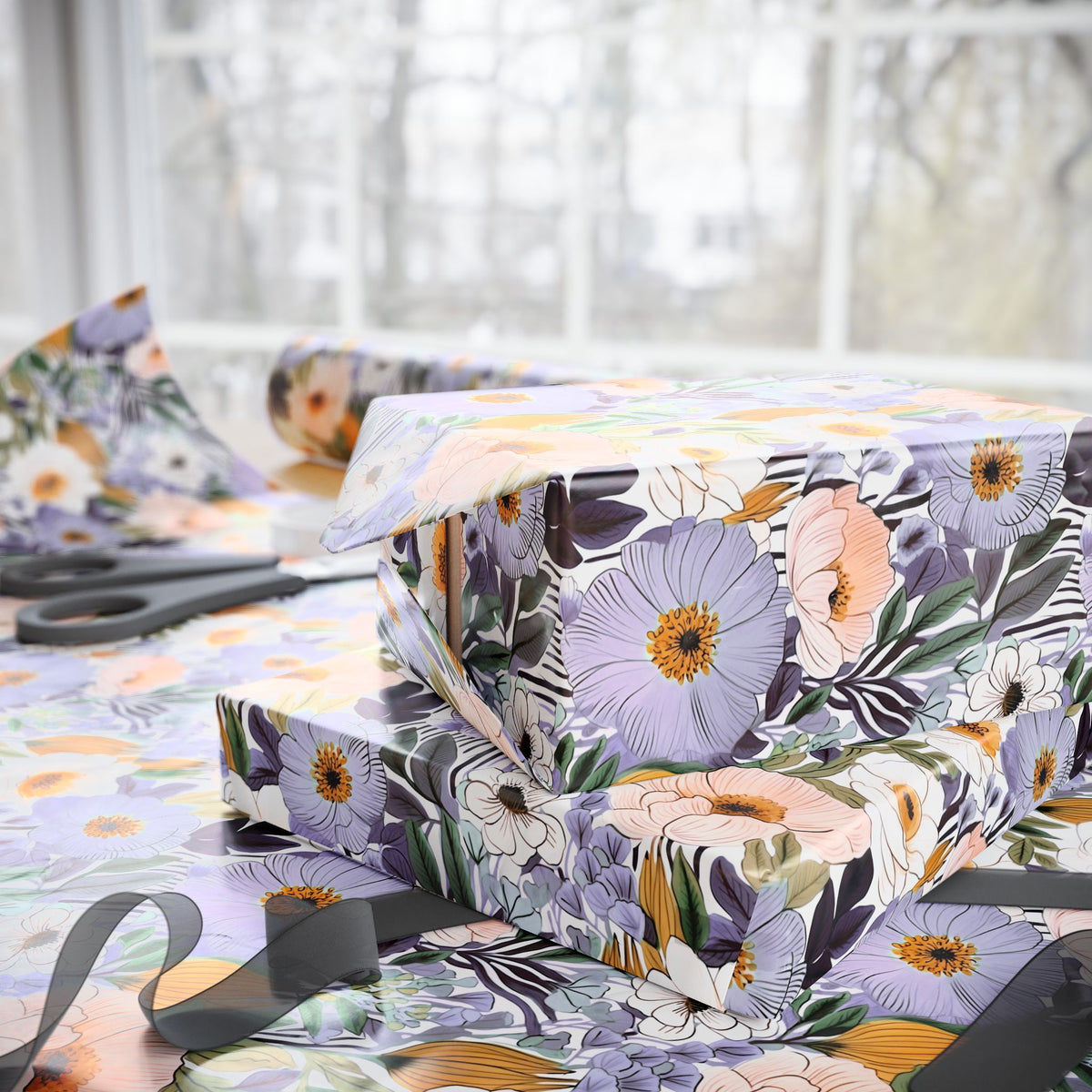 Lilac Peach Garden Blossom Wrapping Paper, Floral Gift Wrap