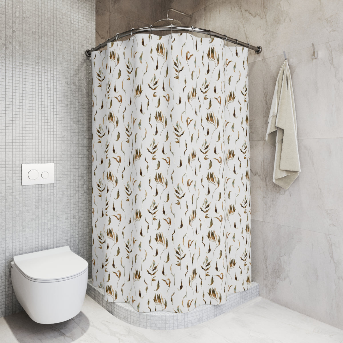 a modern bathroom with a white toilet, a shower curtain with a leaf pattern, and a towel hanging on a rack.