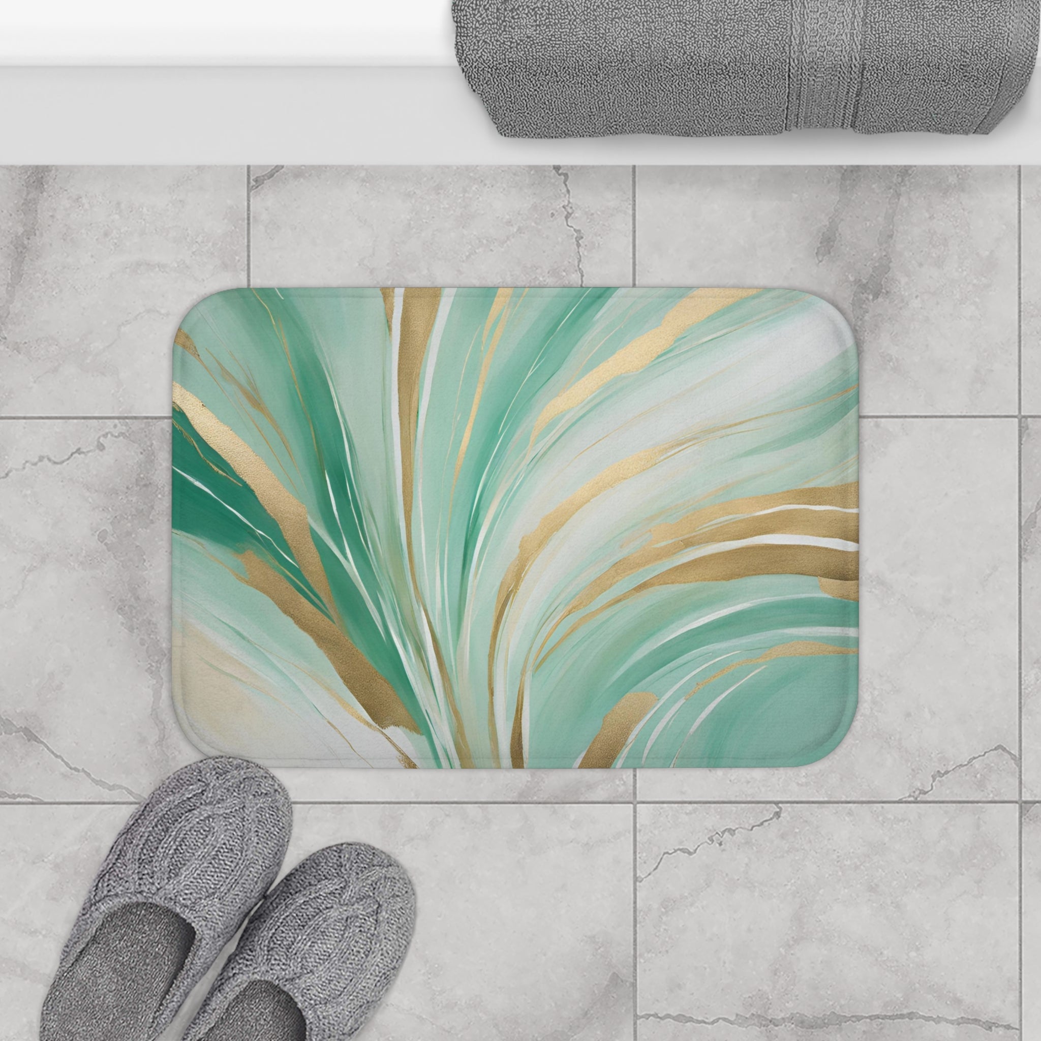 Boho Bath Mat | Sage Green, Gold Beige Abstract Kitchen Mat