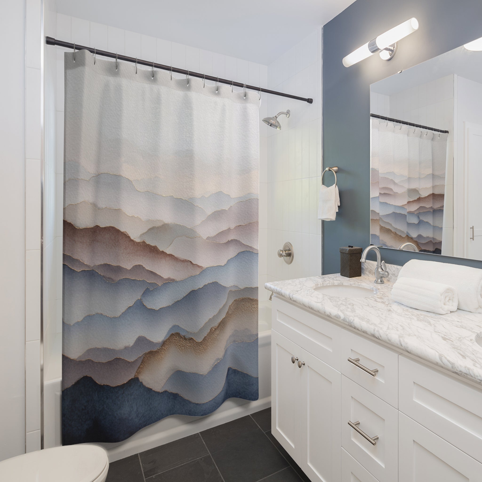 Landscape Shower Curtain | Nature Navy Blue, Blush Abstract Art