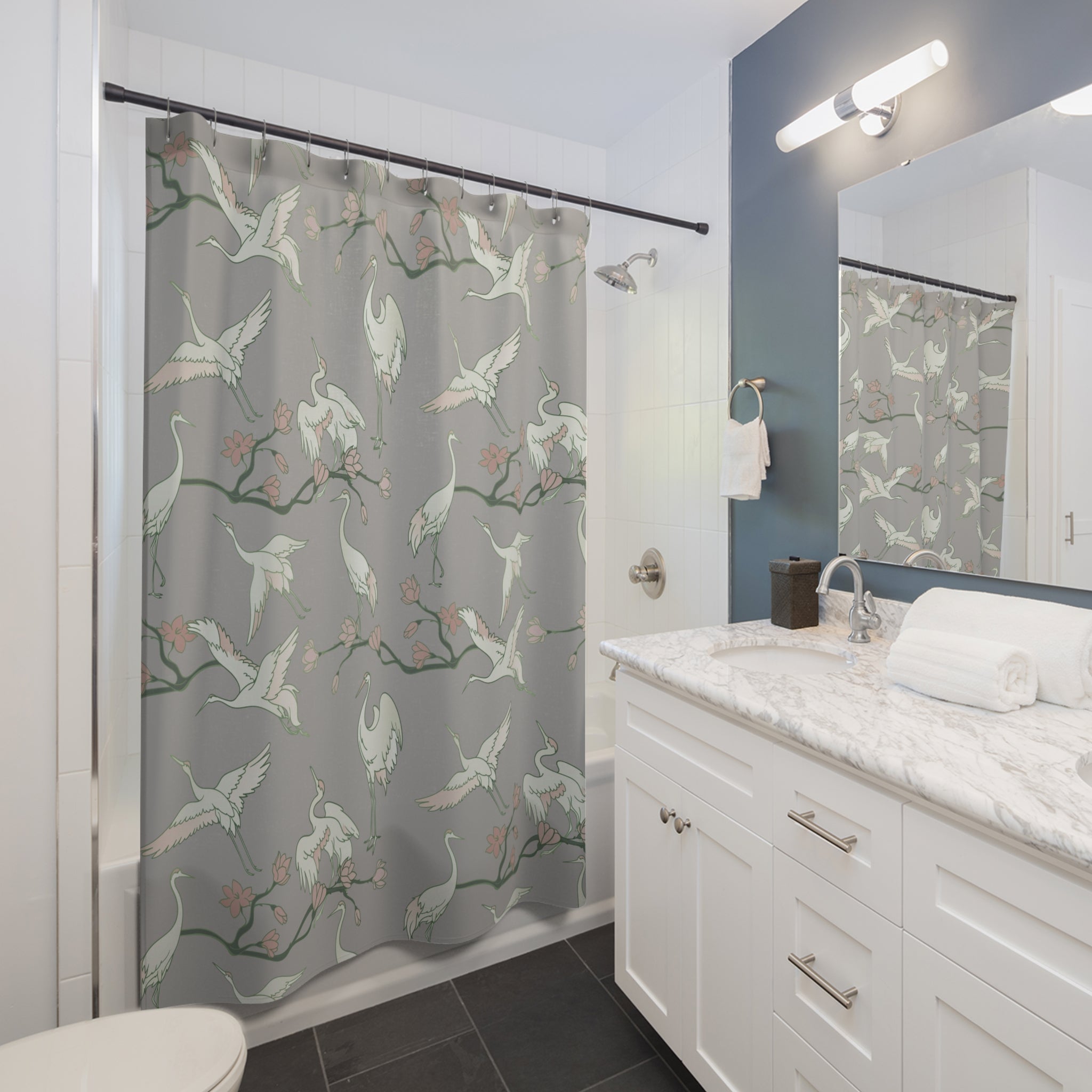 Grey Crane Birds, Japanese Shower Curtain