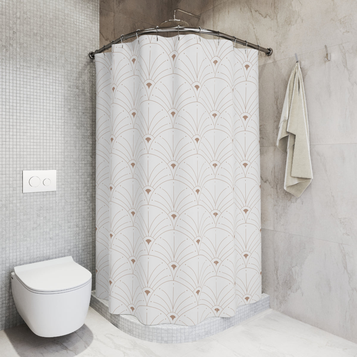 a modern bathroom with a shower curtain featuring a repeating pattern of white and gold lines. The shower is located next to a toilet, and there is a towel hanging on the wall.