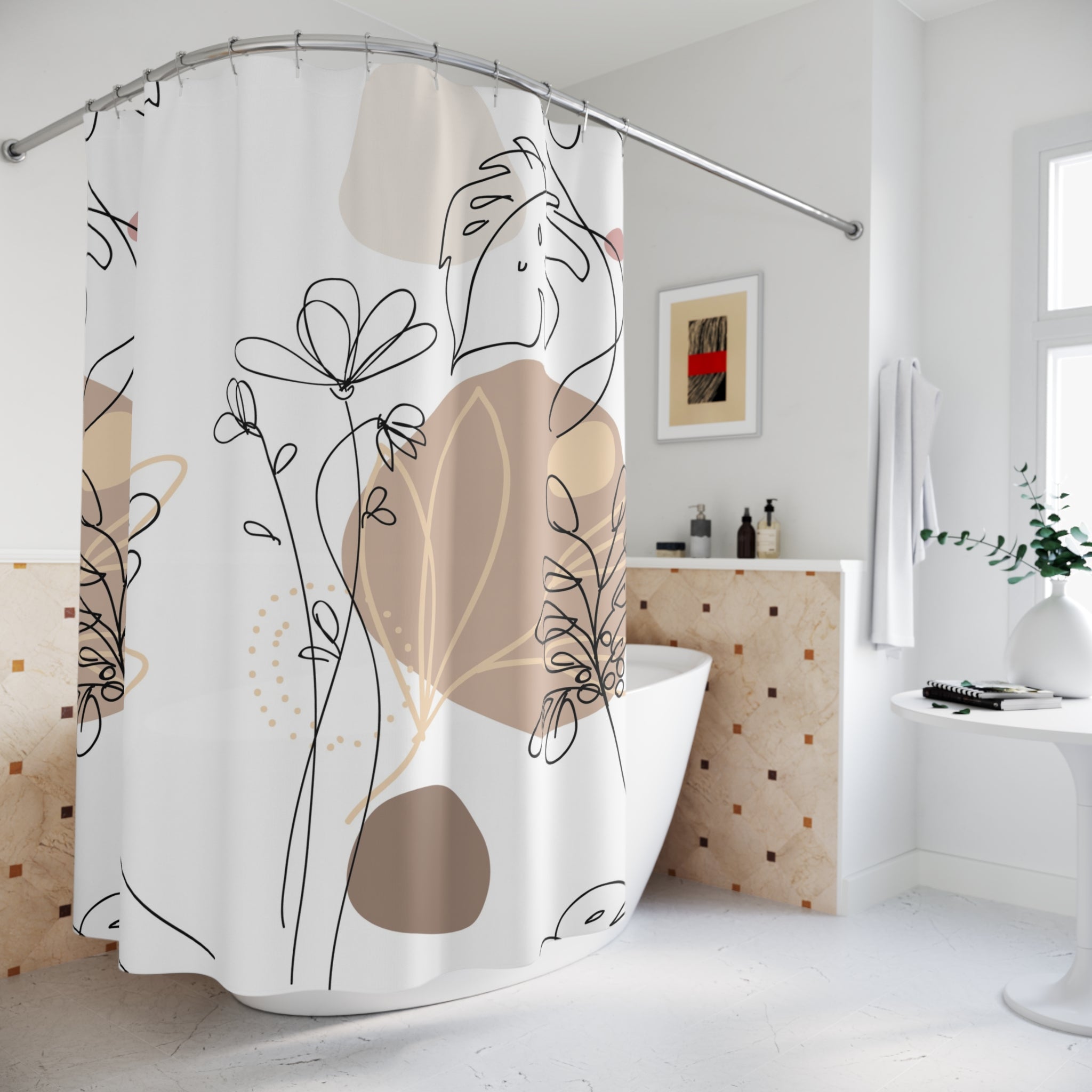 Abstract Boho Shower Curtain | Bohemian Beige White Line Art