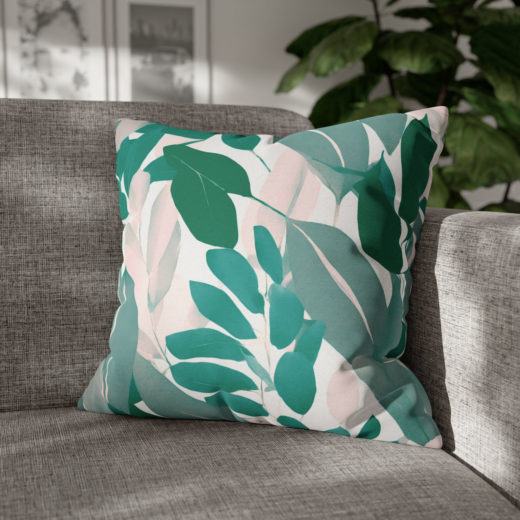 Floral Pillow Cover | Teal Sage Green, White Blush Green Leaves