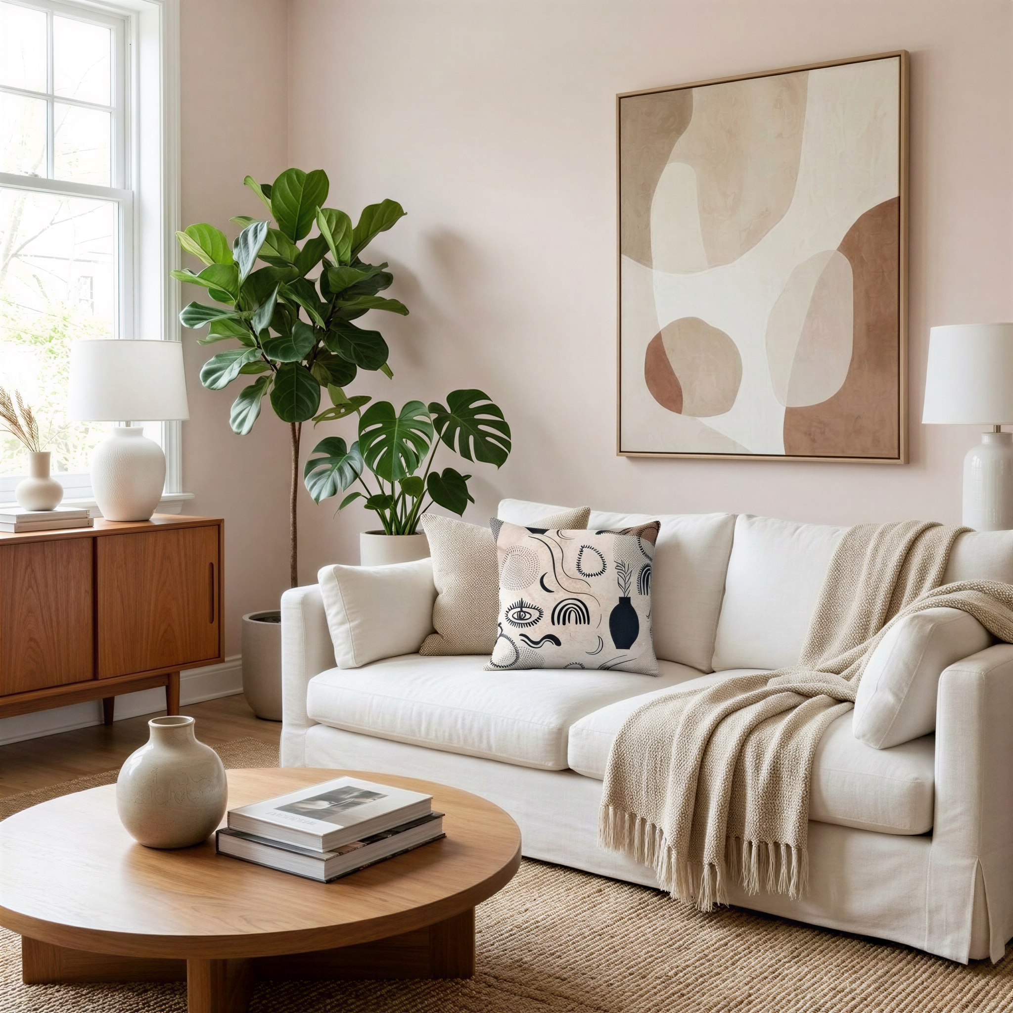 a cozy and inviting living room with a large abstract painting on the wall, a white sofa, a wooden coffee table, and a potted plant.