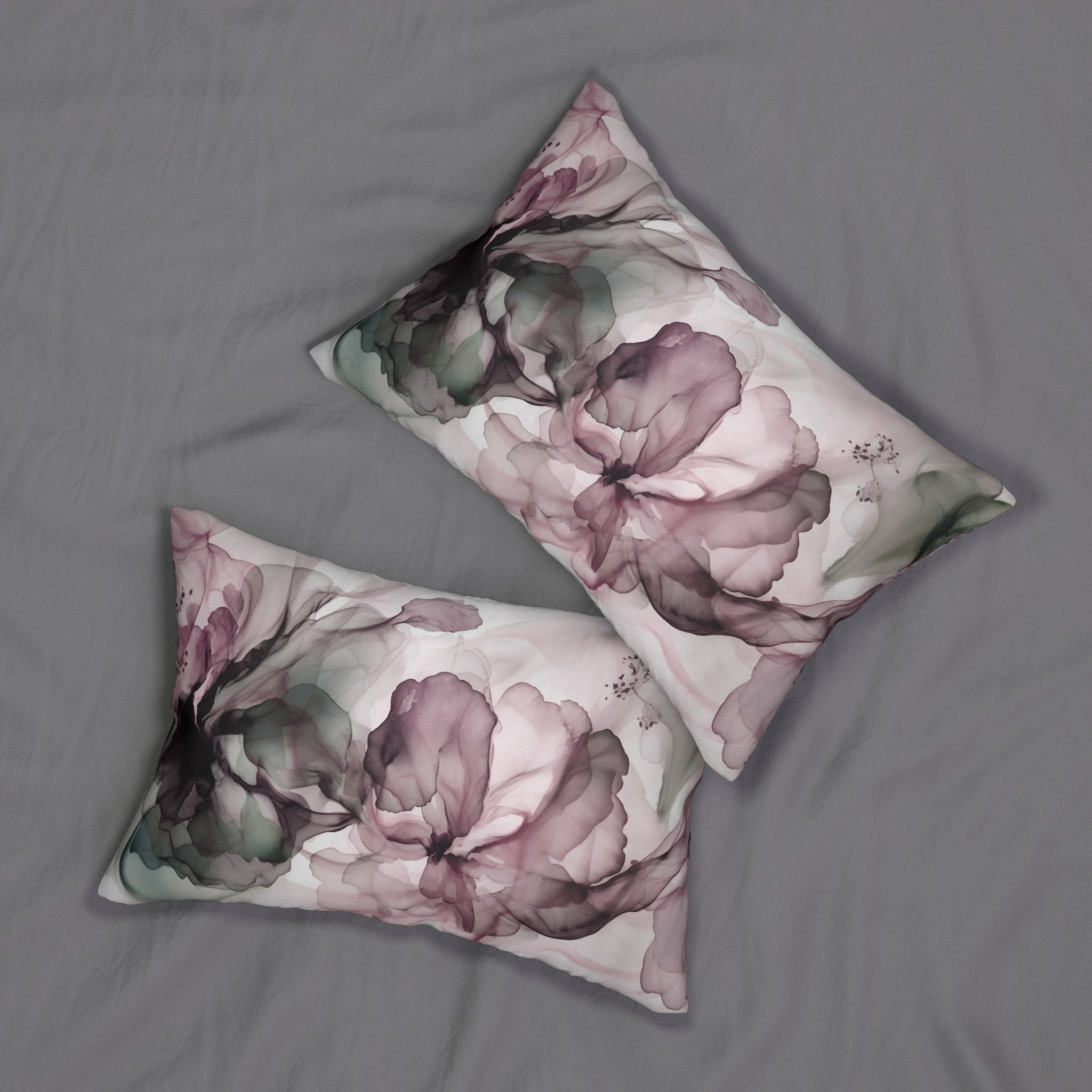 Abstract Floral Lumbar Pillow | Alcohol Ink, Mauve Grey White Watercolor