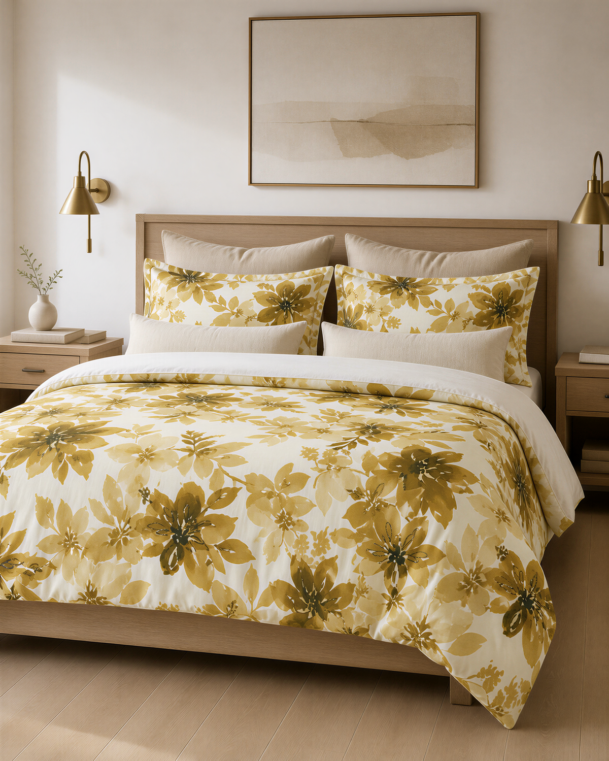 a well-decorated bedroom with a large bed featuring a yellow and green floral comforter and matching pillows. The bed is set against a white wall, and there are two wall sconces on either side of the bed. Above the bed, there is a framed picture hanging on the wall.
