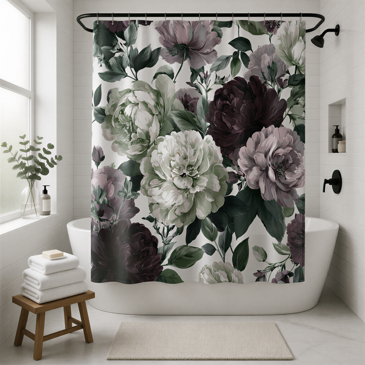 a bathroom with a shower curtain adorned with a floral pattern in shades of purple and white. The shower curtain is hanging from a rod above a white bathtub. The bathroom also includes a wooden stool, a potted plant, and a bottle of soap.