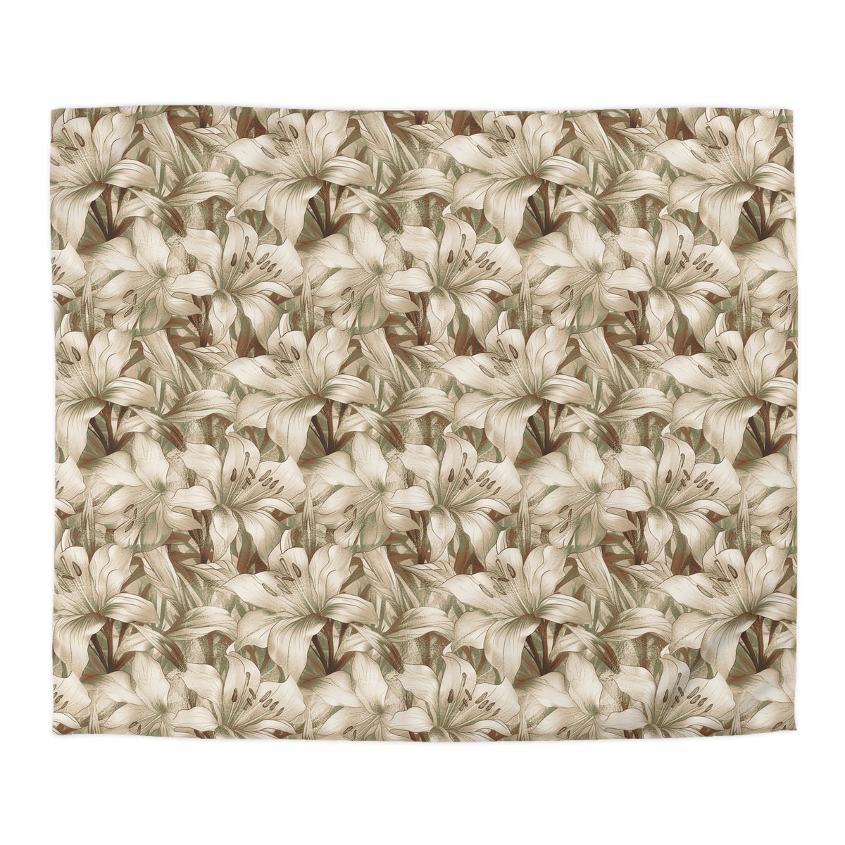 a repeating pattern of large, white lilies with brown stems and leaves.