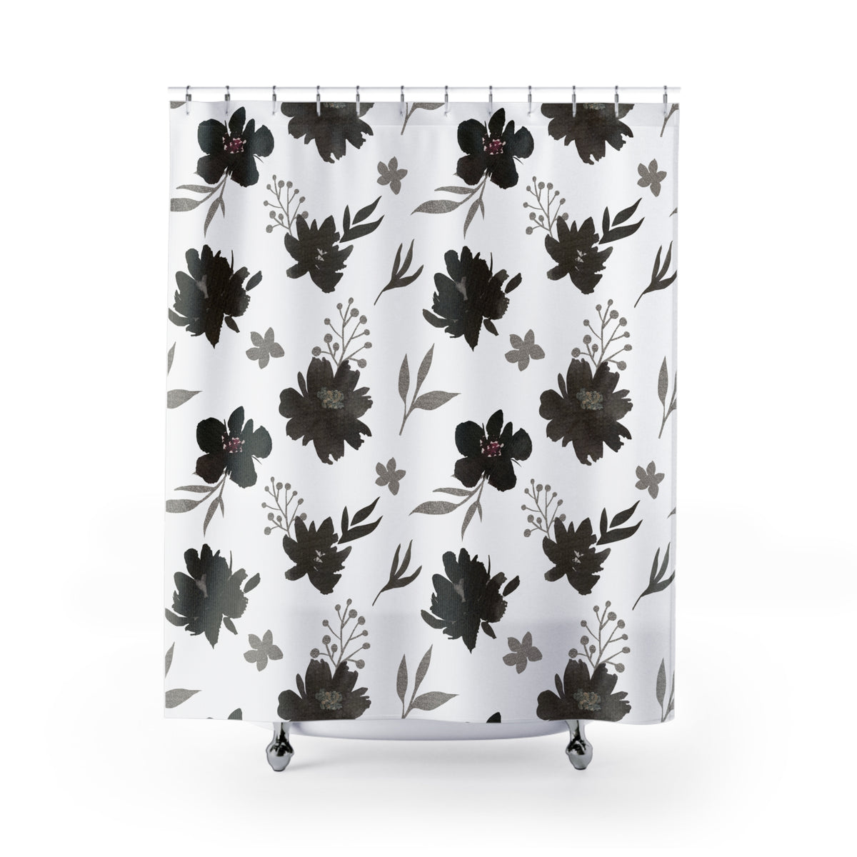 Black Grey Watercolor Floral Shower Curtain, Bath Curtain 71x74