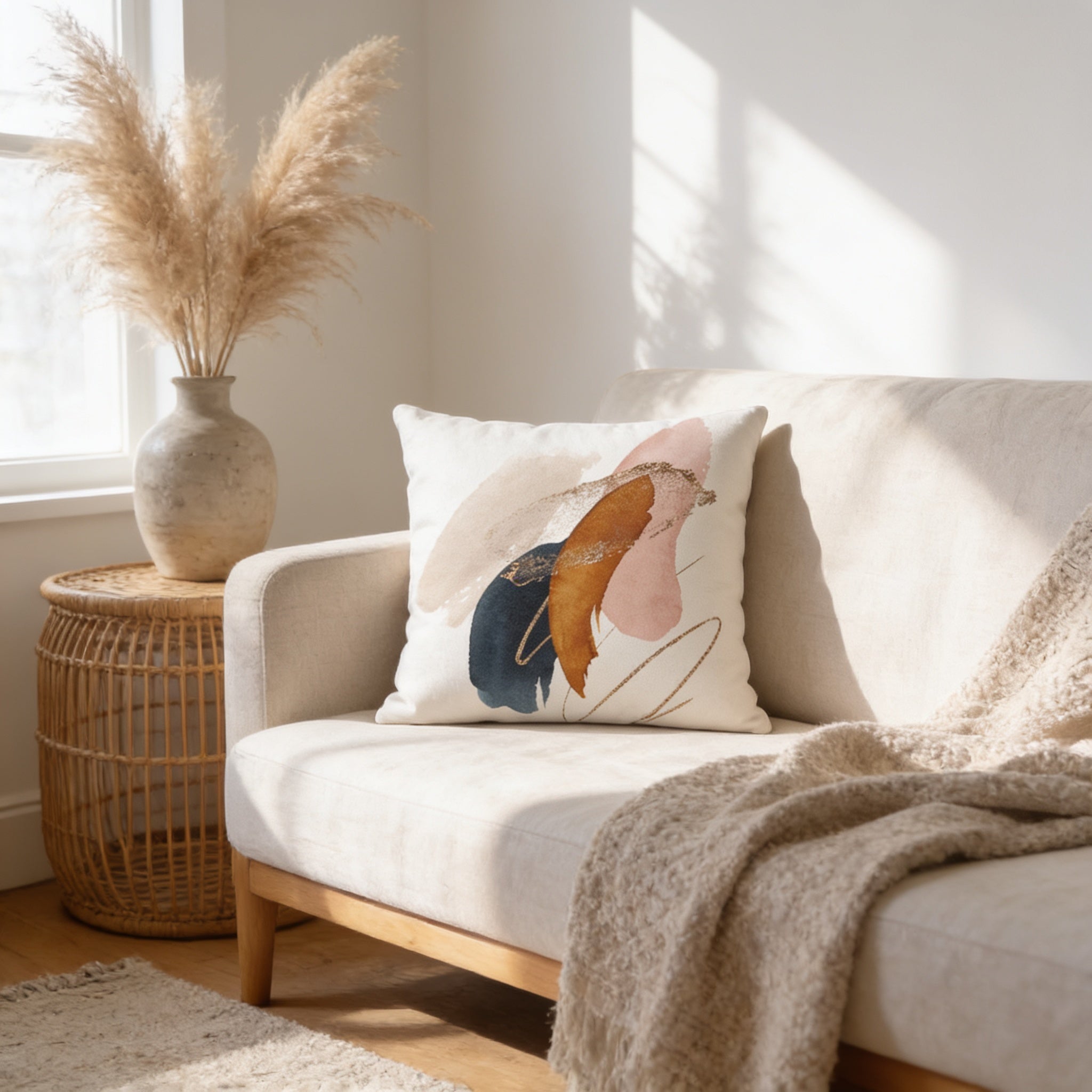 a cozy living room with a beige sofa, a decorative throw pillow, and a woven side table with a vase of pampas grass.