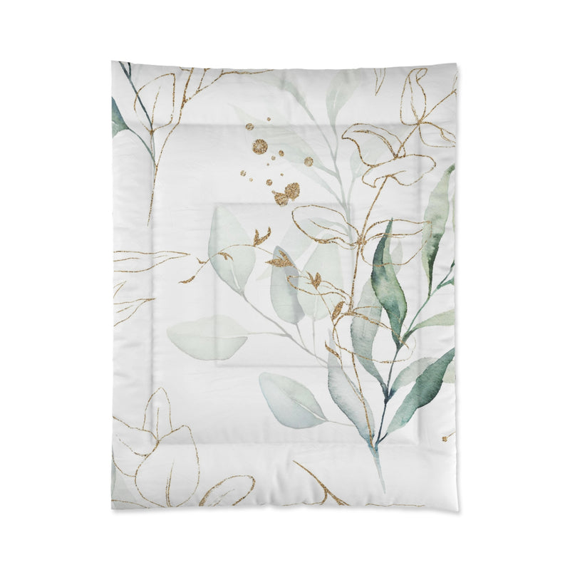 Floral Comforter | White Sage Green, Beige Leaves