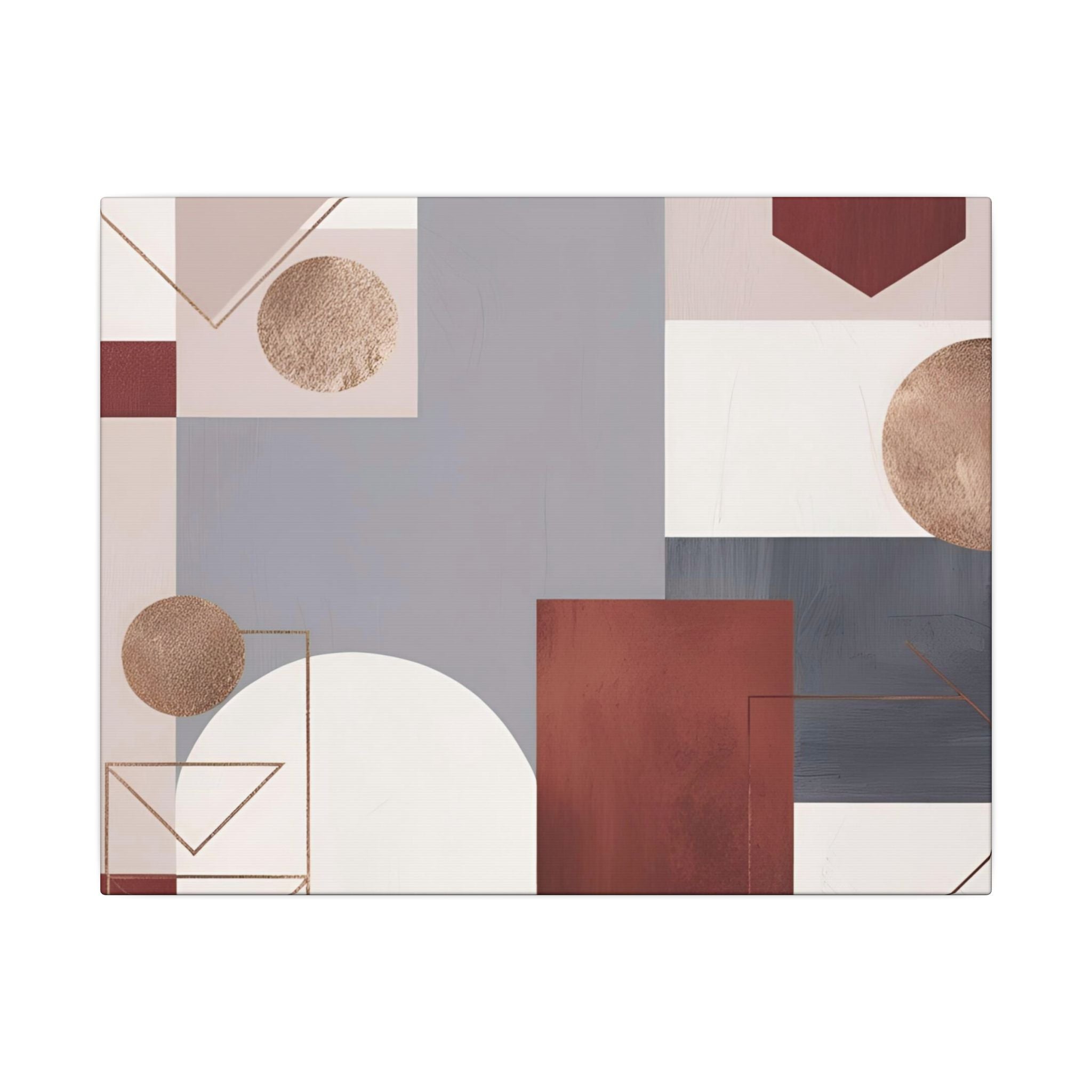 The image is a modern abstract art piece featuring a variety of geometric shapes and patterns in shades of gray, red, and white.