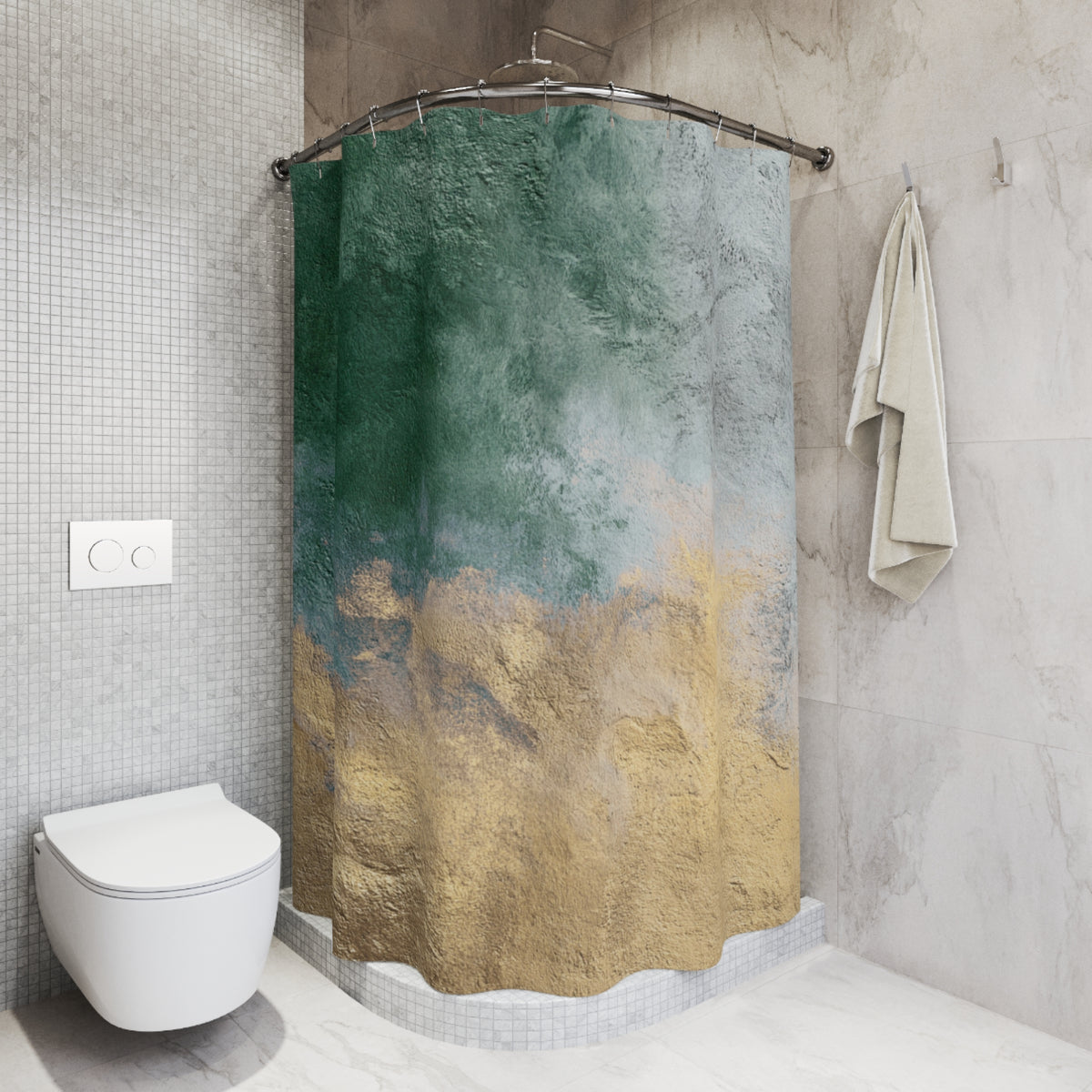 a bathroom with a shower curtain featuring a colorful abstract design in shades of green, blue, and beige. The shower curtain is hanging on a rod next to a towel. The bathroom also includes a toilet and a tiled wall.
