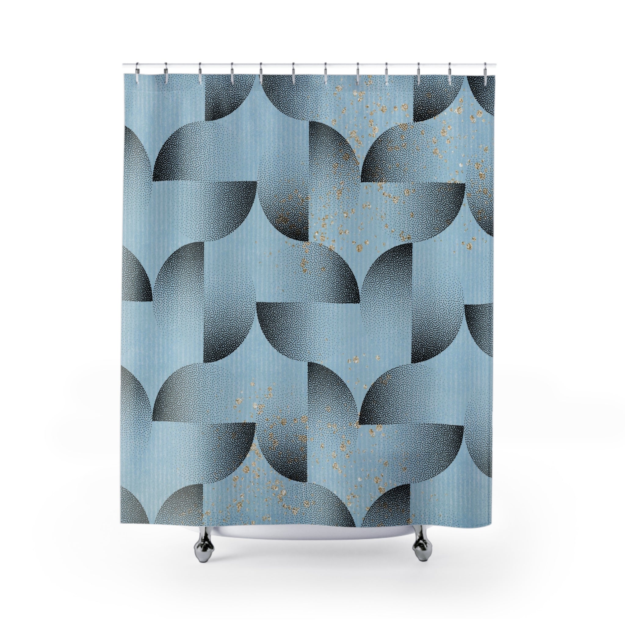 Dusty Blue Shower Curtain | Black Geometric, Gold Dust