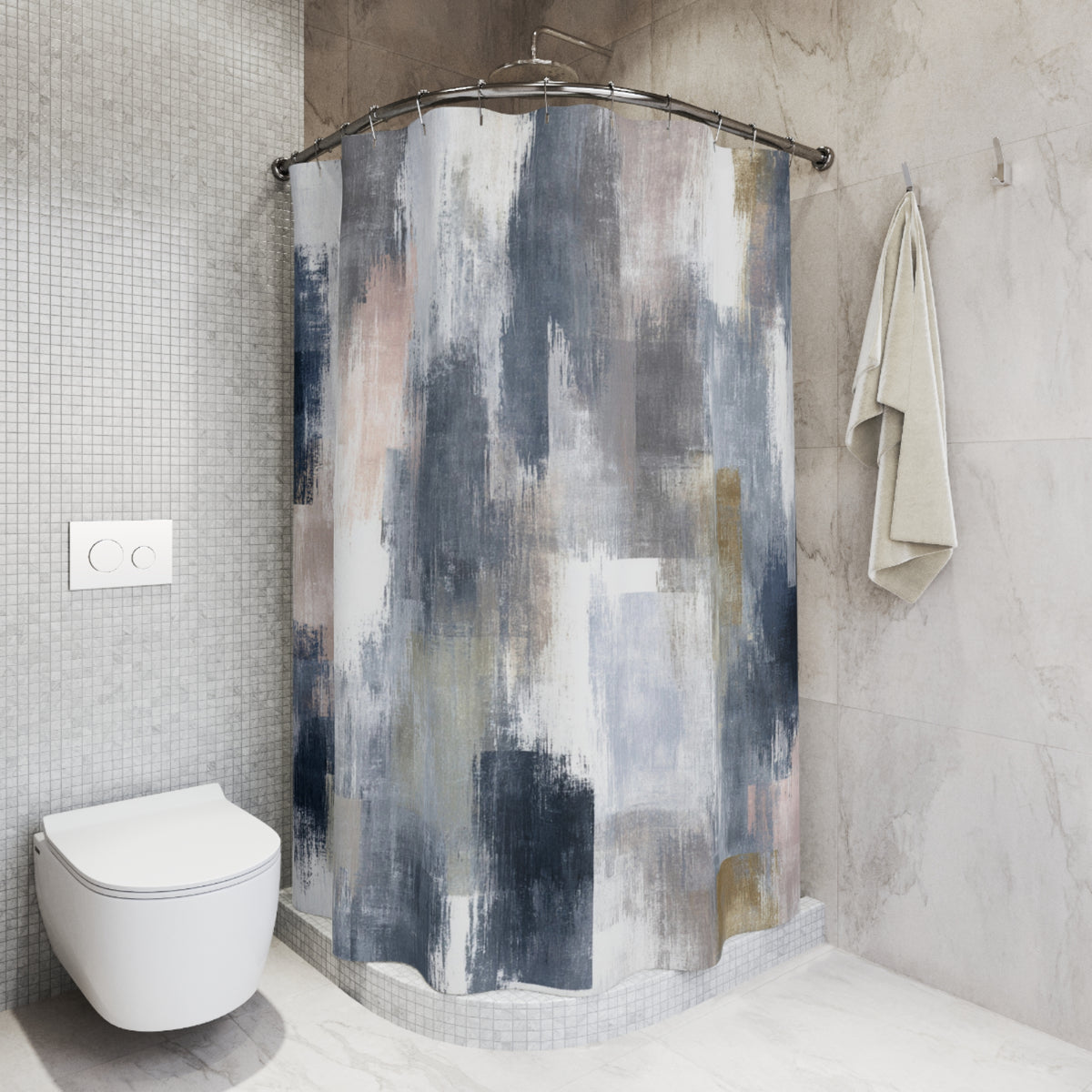 a modern bathroom with a white toilet, a shower curtain with a colorful abstract design, and a towel hanging on a rack.