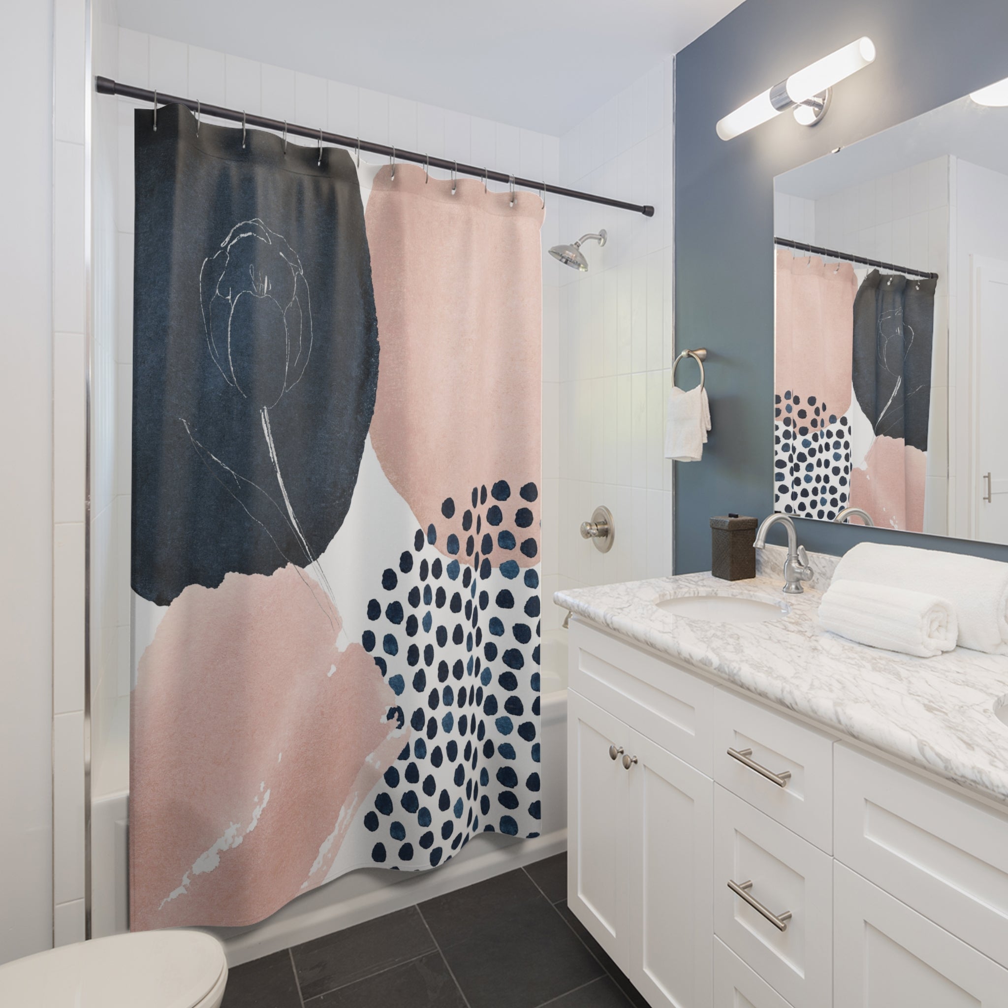 Abstract Shower Curtain | Blush Pink, Navy Blue Bathroom Decor
