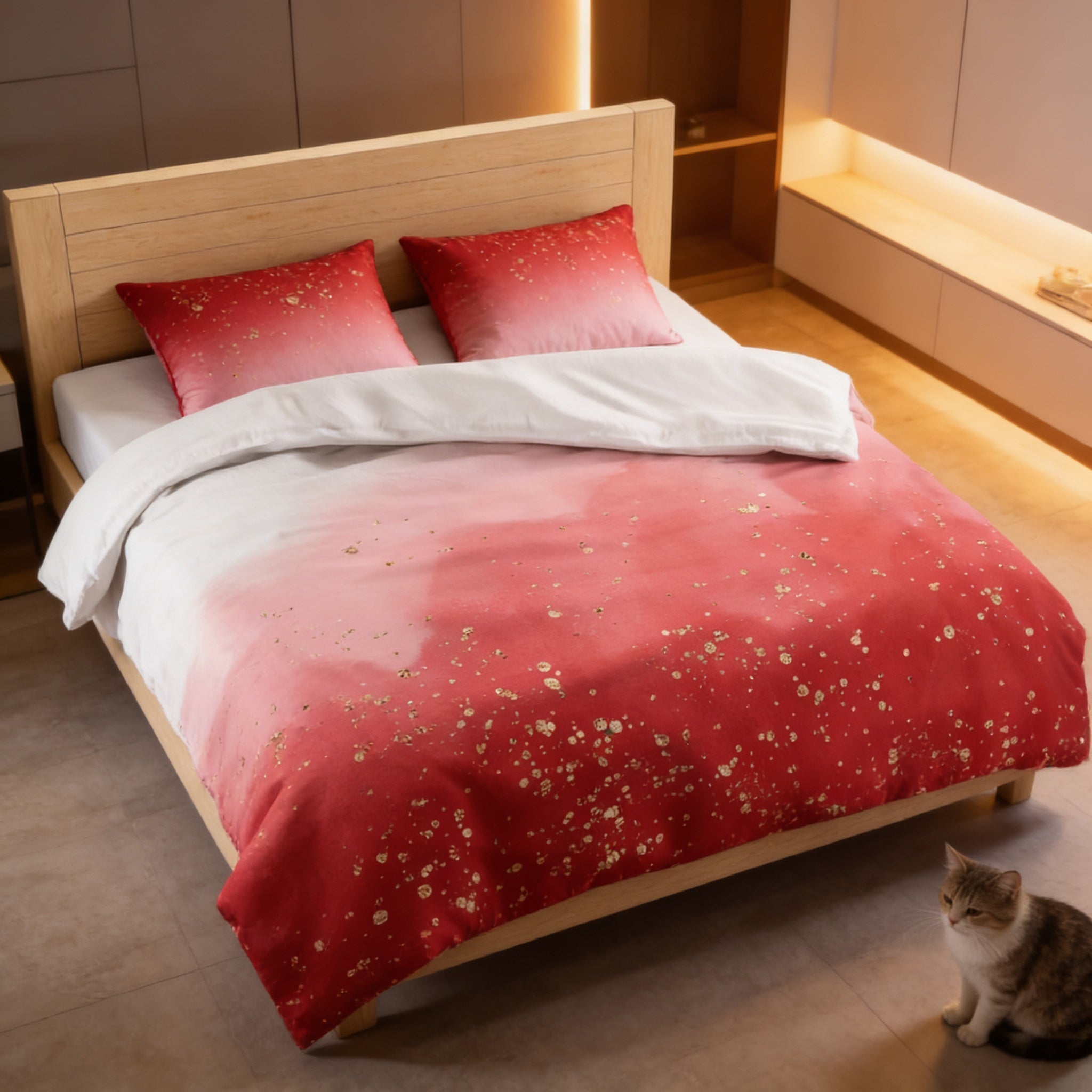 A cozy bedroom with a bed covered in a red and white ombre comforter, featuring a pattern of small white flowers. A cat is sitting on the floor next to the bed, and the room has a warm, inviting atmosphere.