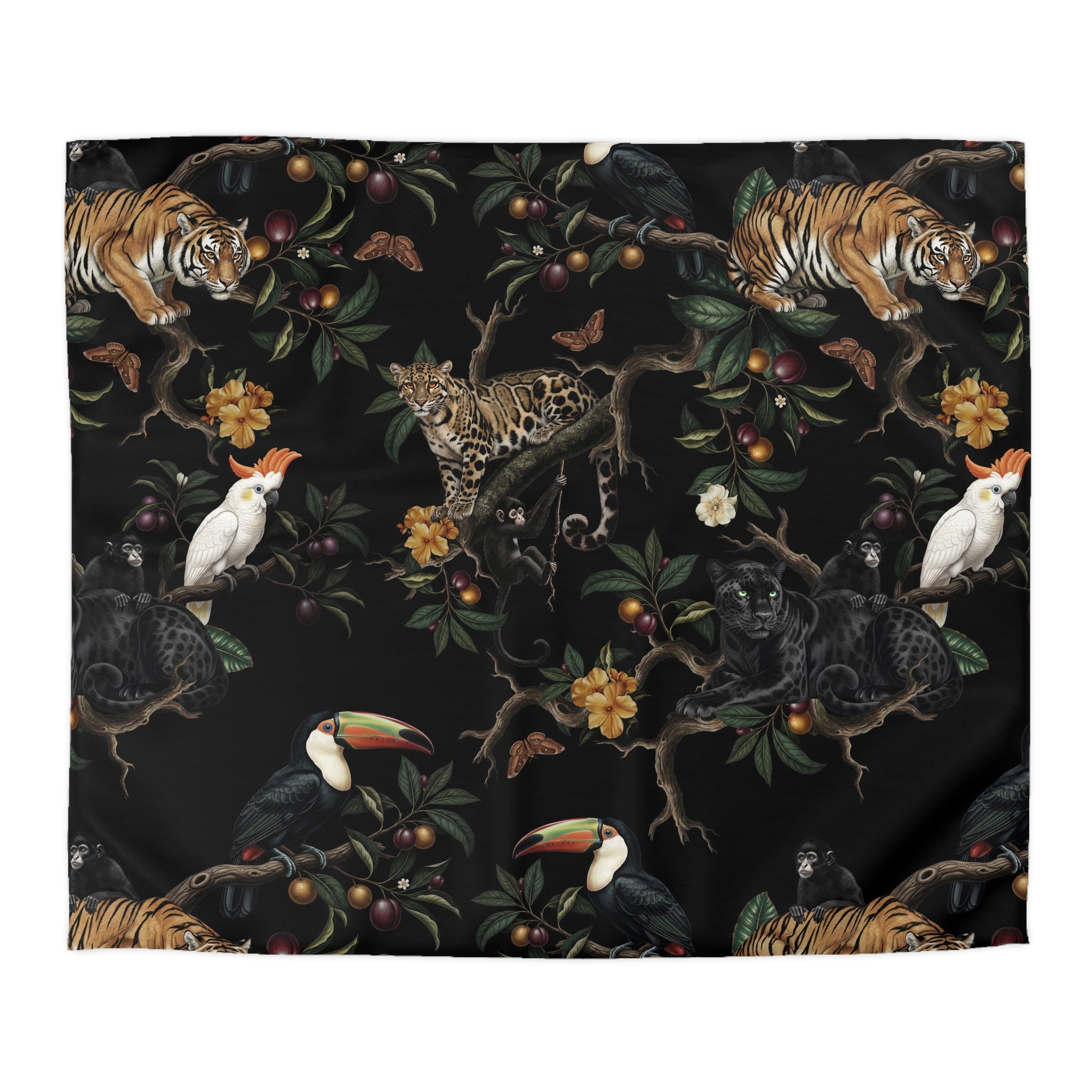 a vibrant and detailed pattern of various animals, including a tiger, leopard, parrot, and other wildlife, against a dark background.
