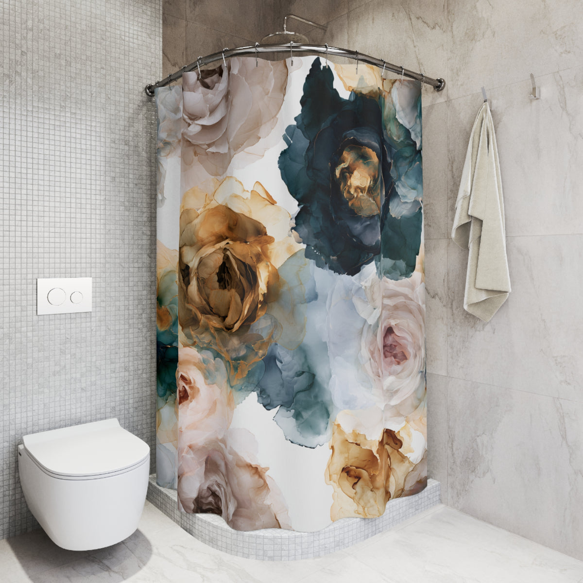 Teal Rust Vintage Rose Shower Curtain, Bath Curtain 71x74