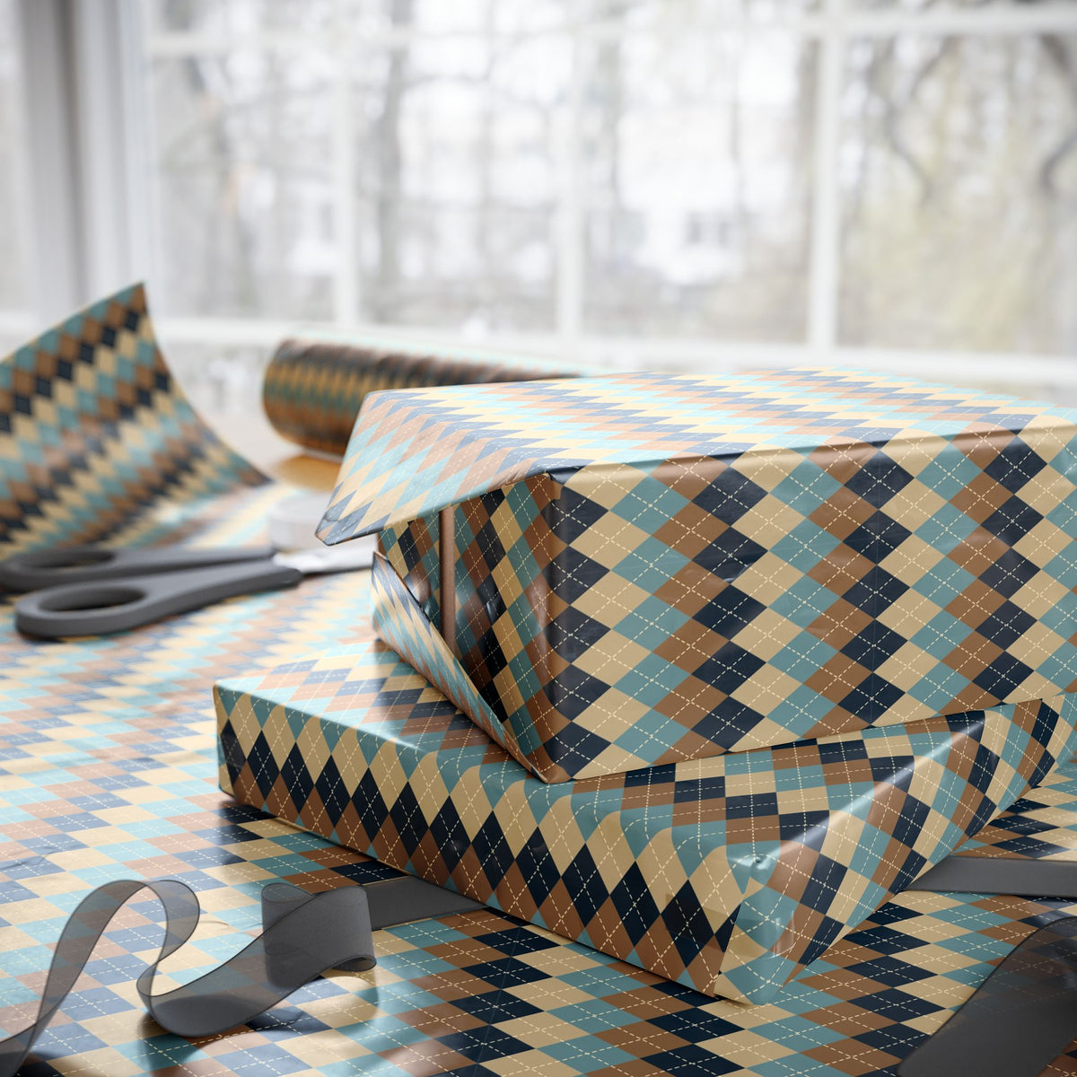 Navy Tan Blue Argyle Wrapping Paper, Gift Wrap