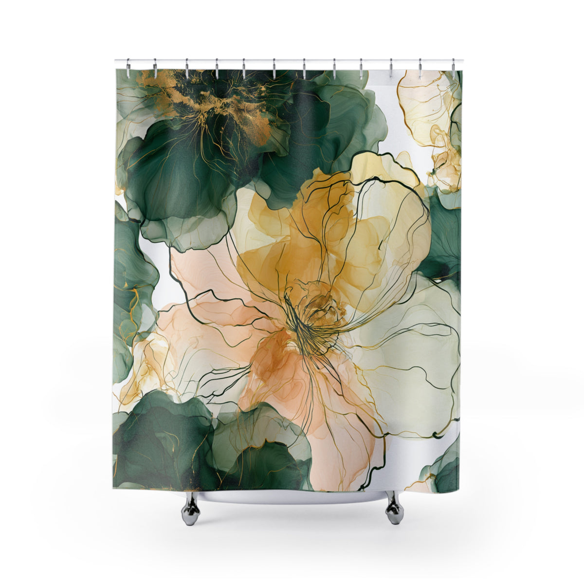 Green Mustard Line Art Floral Shower Curtain, Bath Curtain