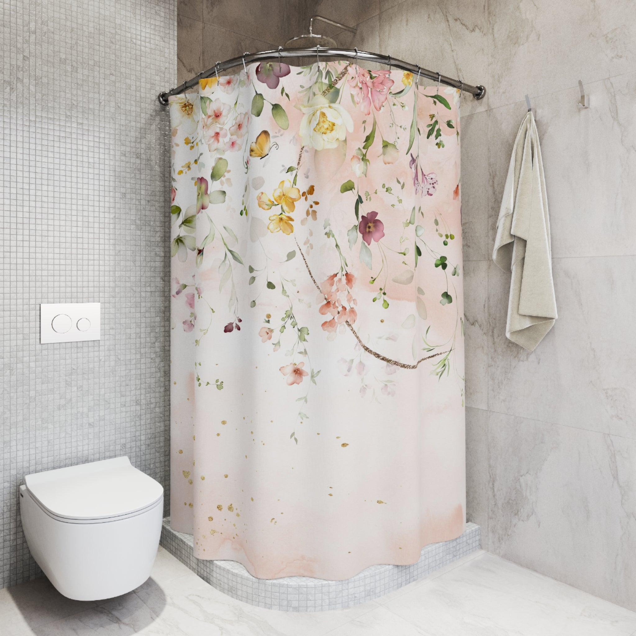 Boho Floral Shower Curtain | Blush Pink Colorful Green