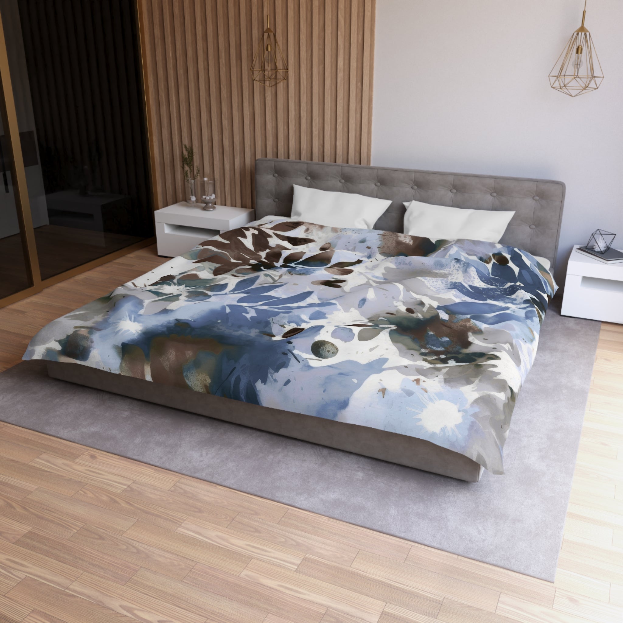 Floral Duvet, Pillow Cover | Brown Blue White Leaves Bedroom Decor