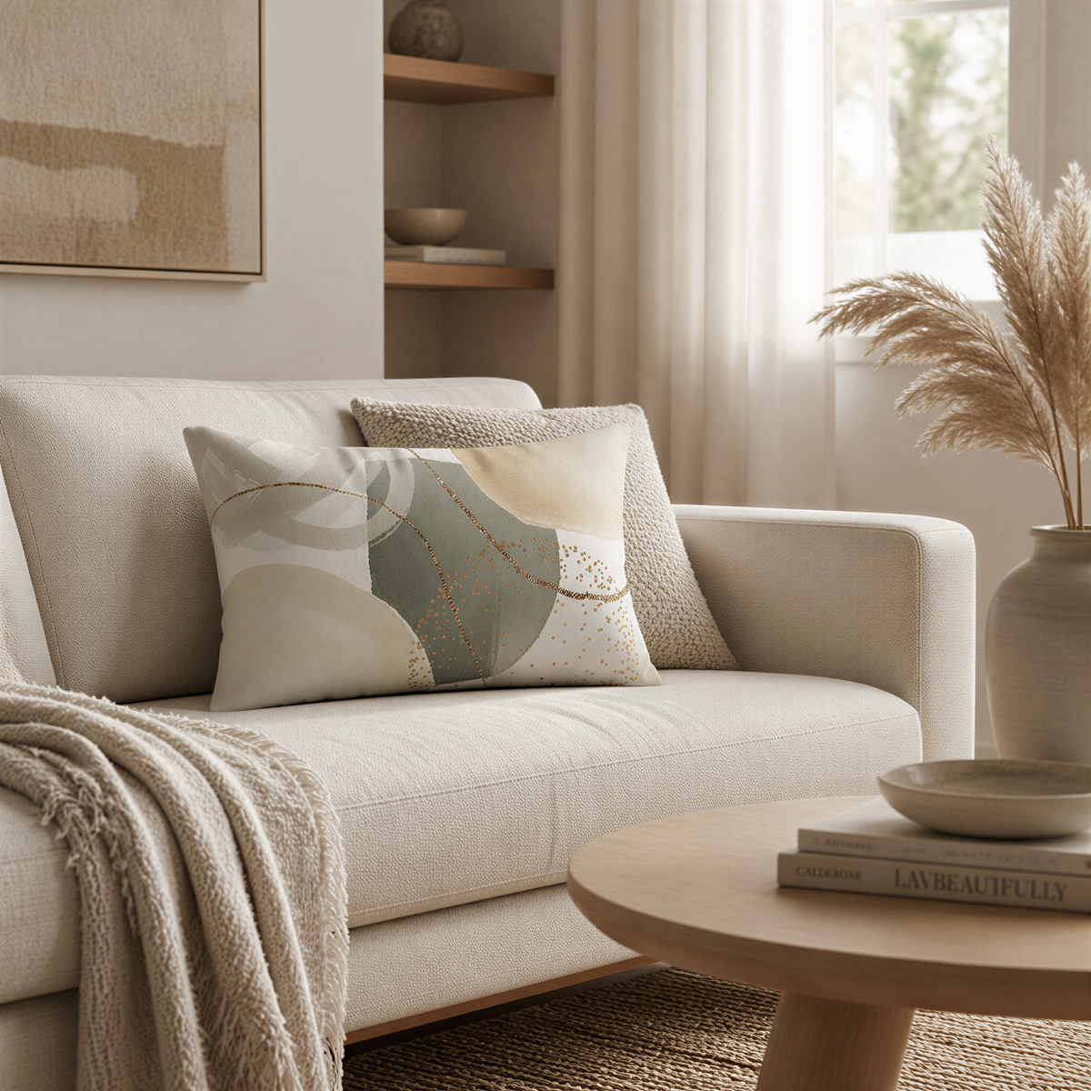 a cozy living room with a beige sofa adorned with a throw blanket and a decorative pillow. A wooden coffee table sits in front of the sofa, and a vase with dried flowers adds a touch of nature to the space. The room is illuminated by natural light coming through a window, creating a warm and inviting atmosphere.