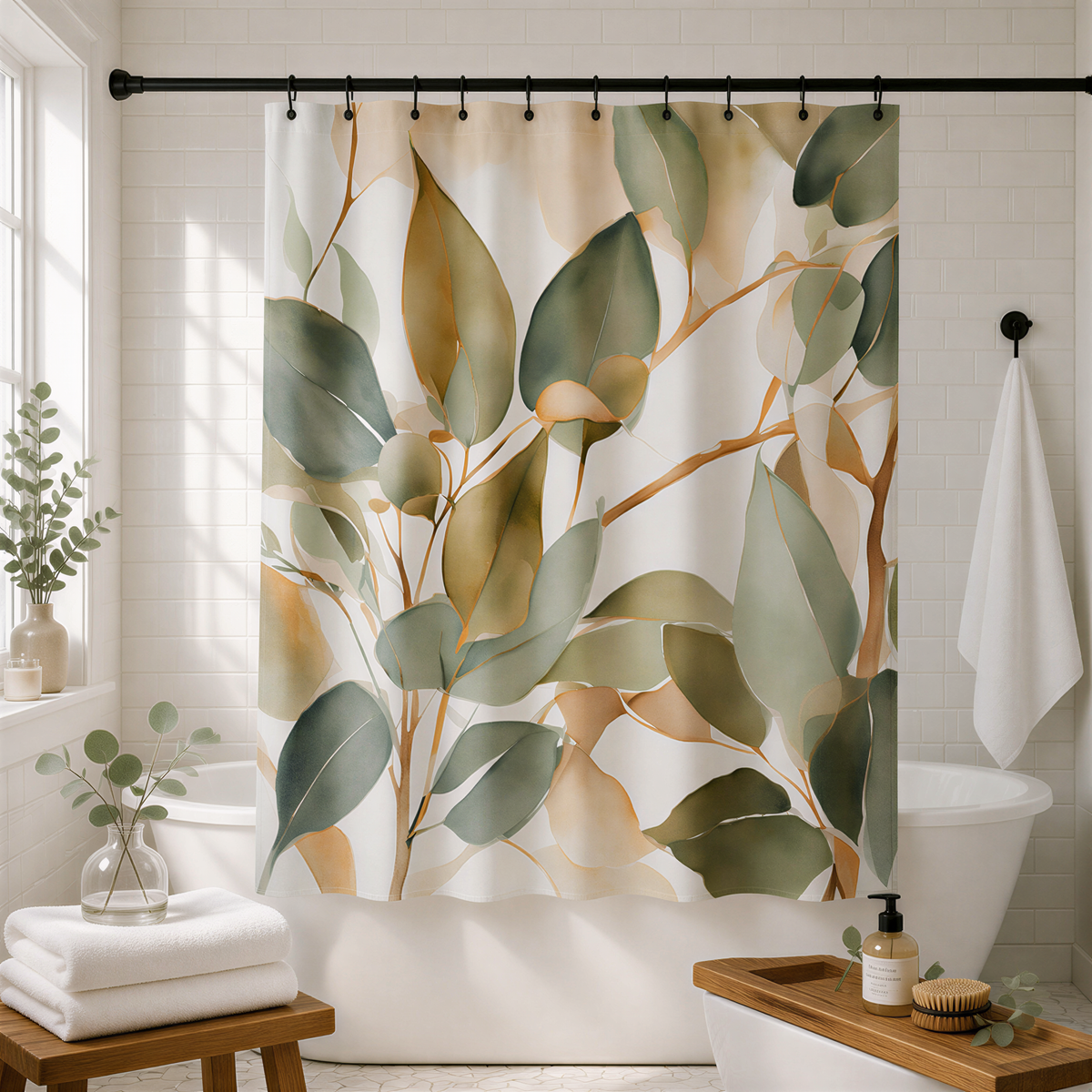 a bathroom with a shower curtain featuring a leafy, abstract design in shades of green and brown. The bathroom is well-decorated with a wooden bench, a white bathtub, and a towel rack.