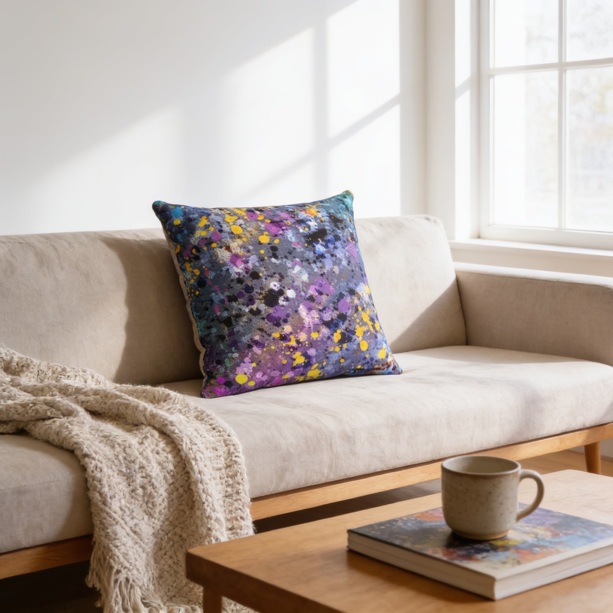 a cozy living room with a beige sofa, a colorful throw pillow, and a wooden coffee table with a book and a coffee mug.
