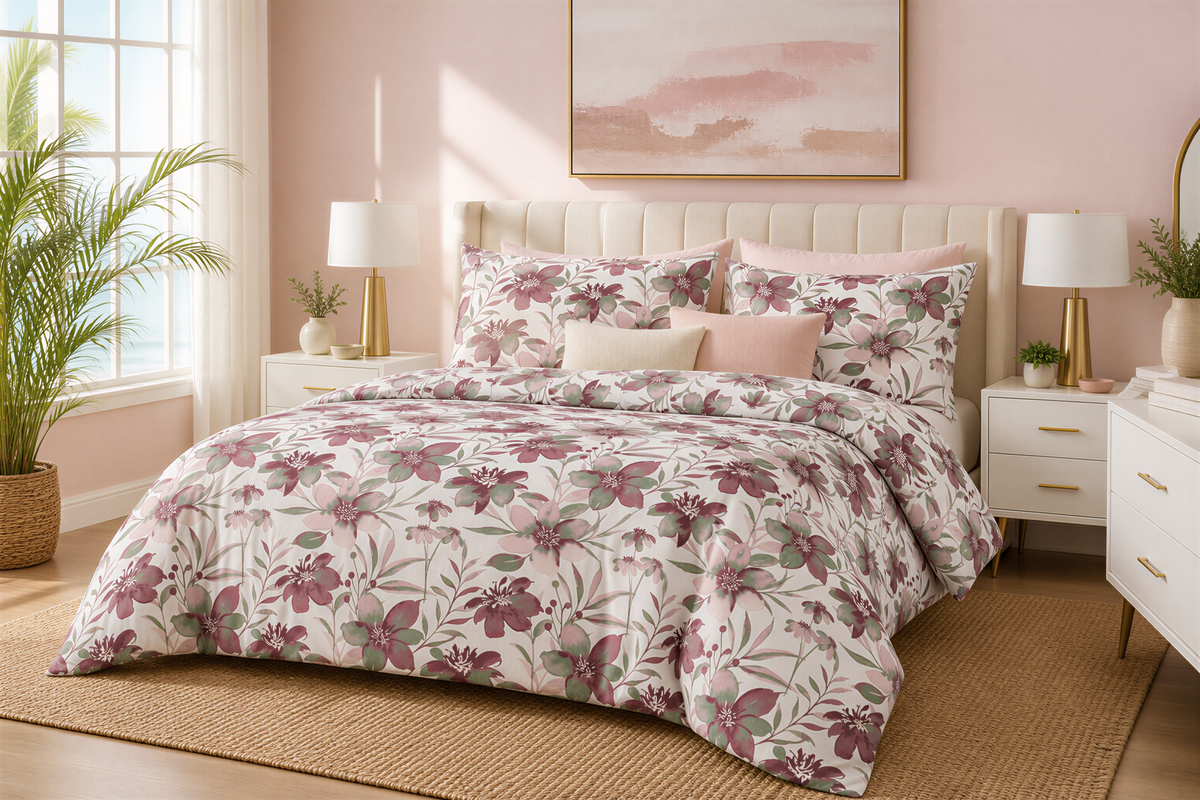 a bedroom with a large bed covered in a floral comforter and pillows. The bed is positioned in front of a window, which allows natural light to illuminate the room. The walls are painted in a light pink color, and there are two nightstands on either side of the bed, each with a lamp. The room also features a painting on the wall and a potted plant, adding to the overall aesthetic of the space.