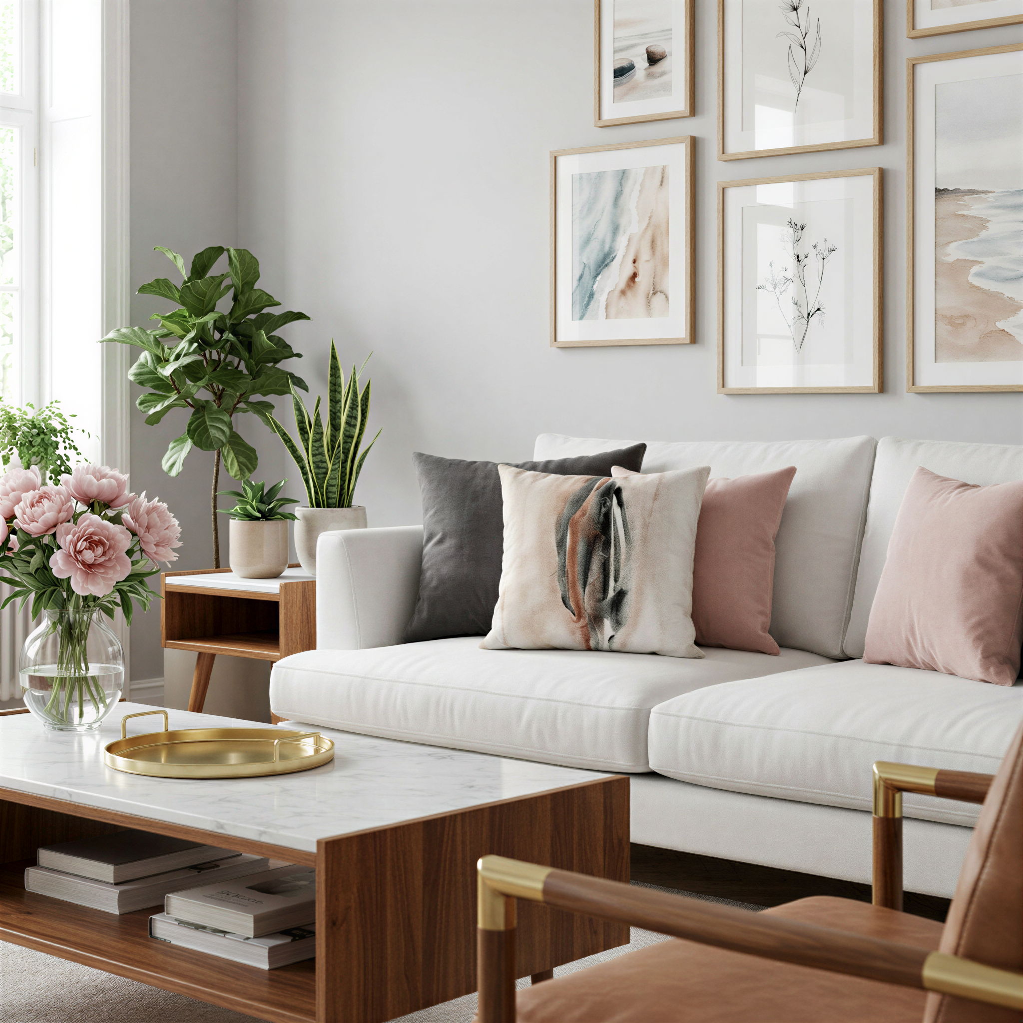 a well-decorated living room with a white sofa, a wooden coffee table, and various decorative elements such as framed artwork, potted plants, and a vase with flowers.