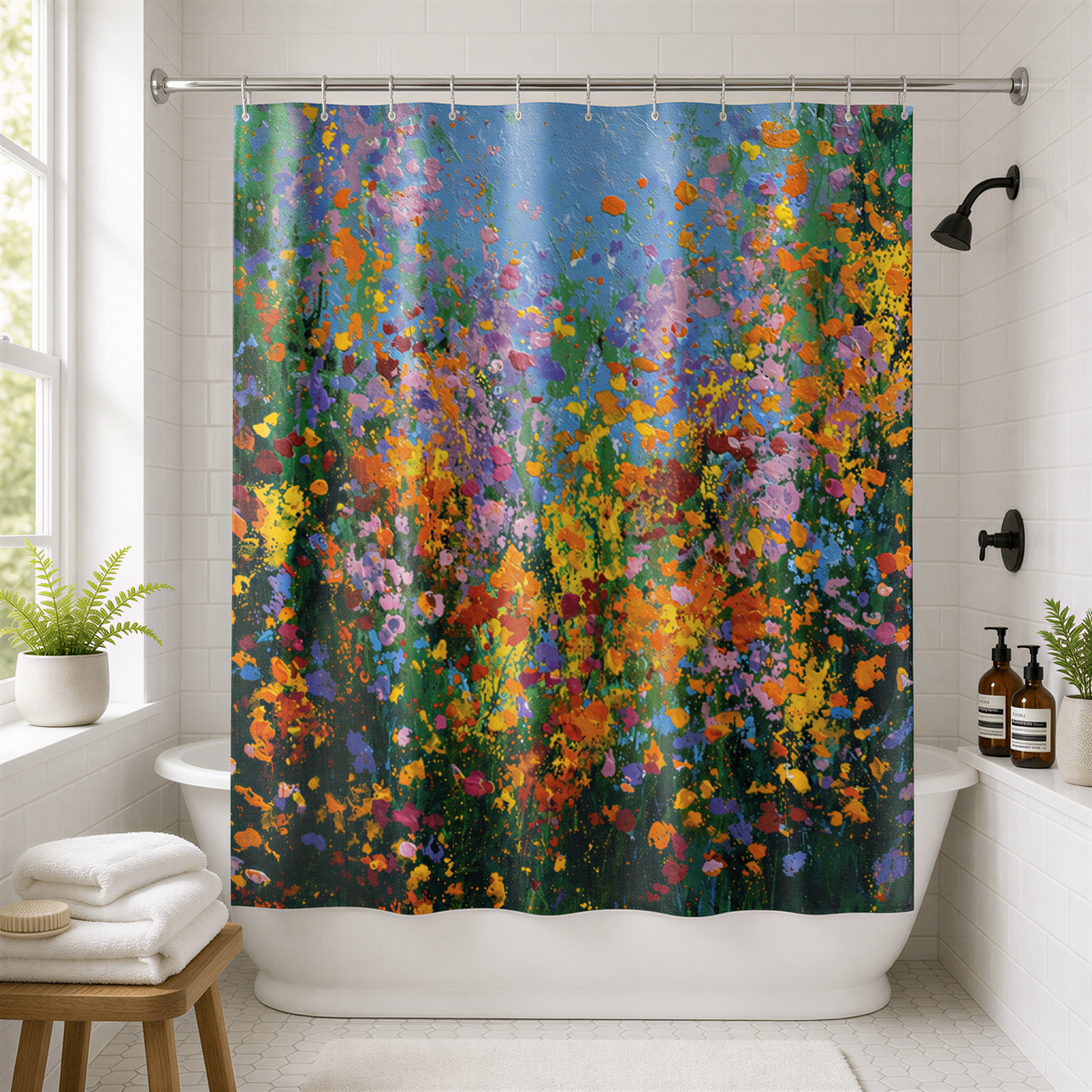 a bathroom with a colorful shower curtain that displays a vibrant floral pattern. The shower curtain is hanging from a rod above a white bathtub, which is situated in the corner of the room. The bathroom also includes a window, a wooden stool, and some decorative elements such as potted plants and bottles.
