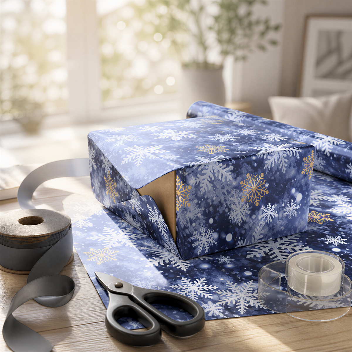 a snowy winter scene with a blue and white snowflake-patterned gift box, a pair of scissors, and a roll of tape on a table.