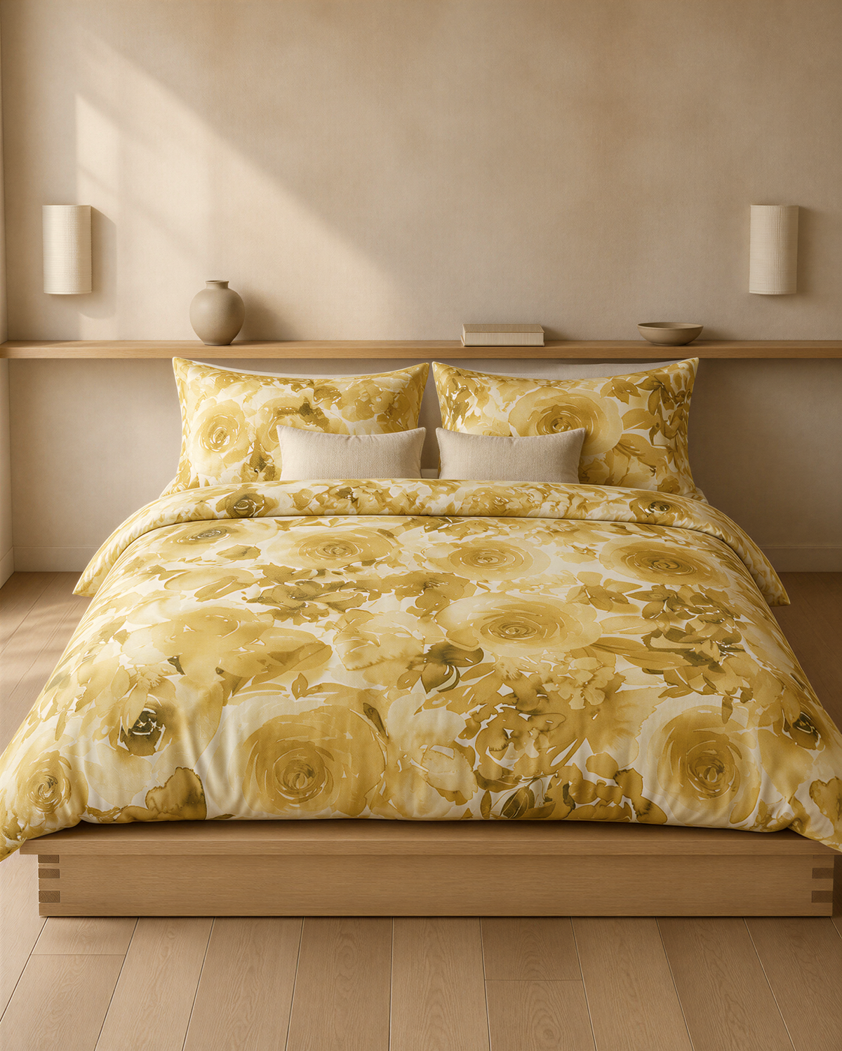 a bedroom with a large bed covered in a yellow floral comforter and matching pillows. The bed is placed against a wall with a shelf above it. The room has a minimalist and modern design, with a wooden floor and a simple color scheme of beige and yellow.