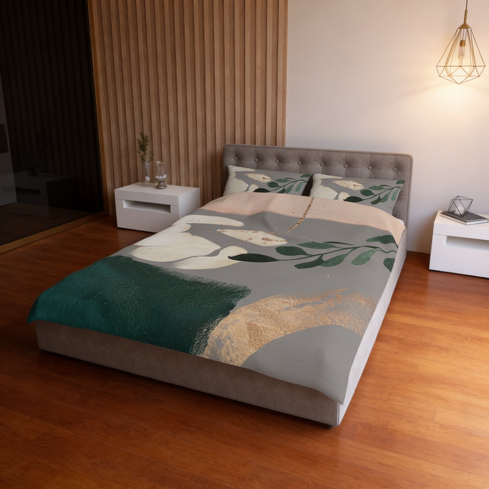 a modern bedroom with a large bed, white nightstands, and a wooden wall. The bed has a colorful, abstract-patterned comforter and pillows.