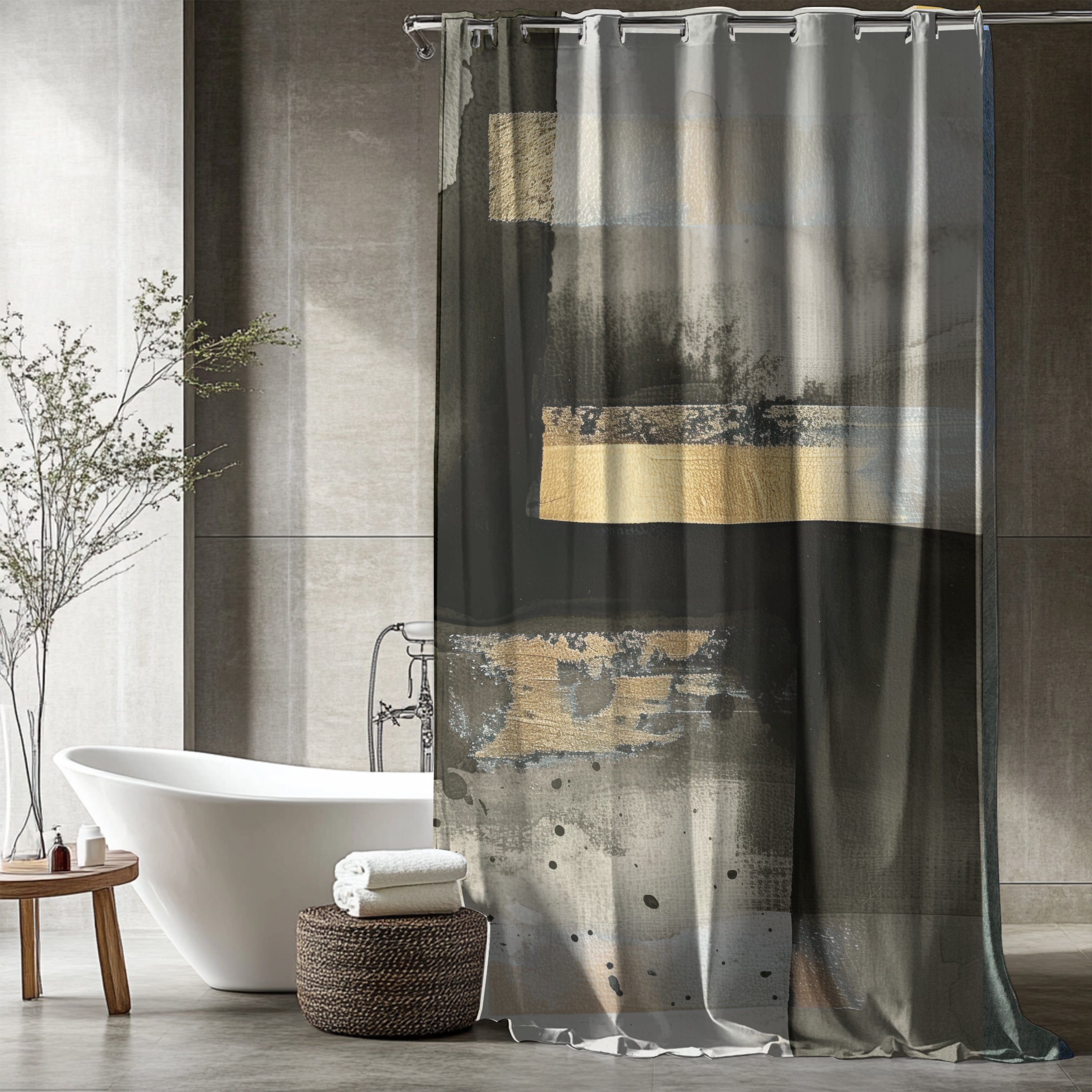 a modern bathroom with a white freestanding bathtub, a woven basket, and a large abstract shower curtain with a black and white color scheme.