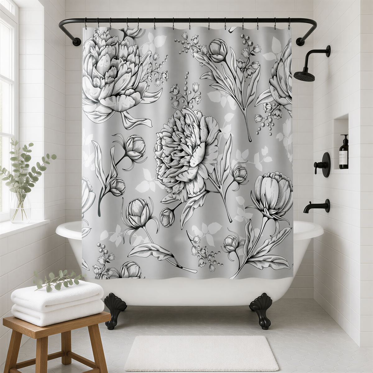 a bathroom with a white bathtub, a wooden stool, and a shower curtain with a floral pattern.